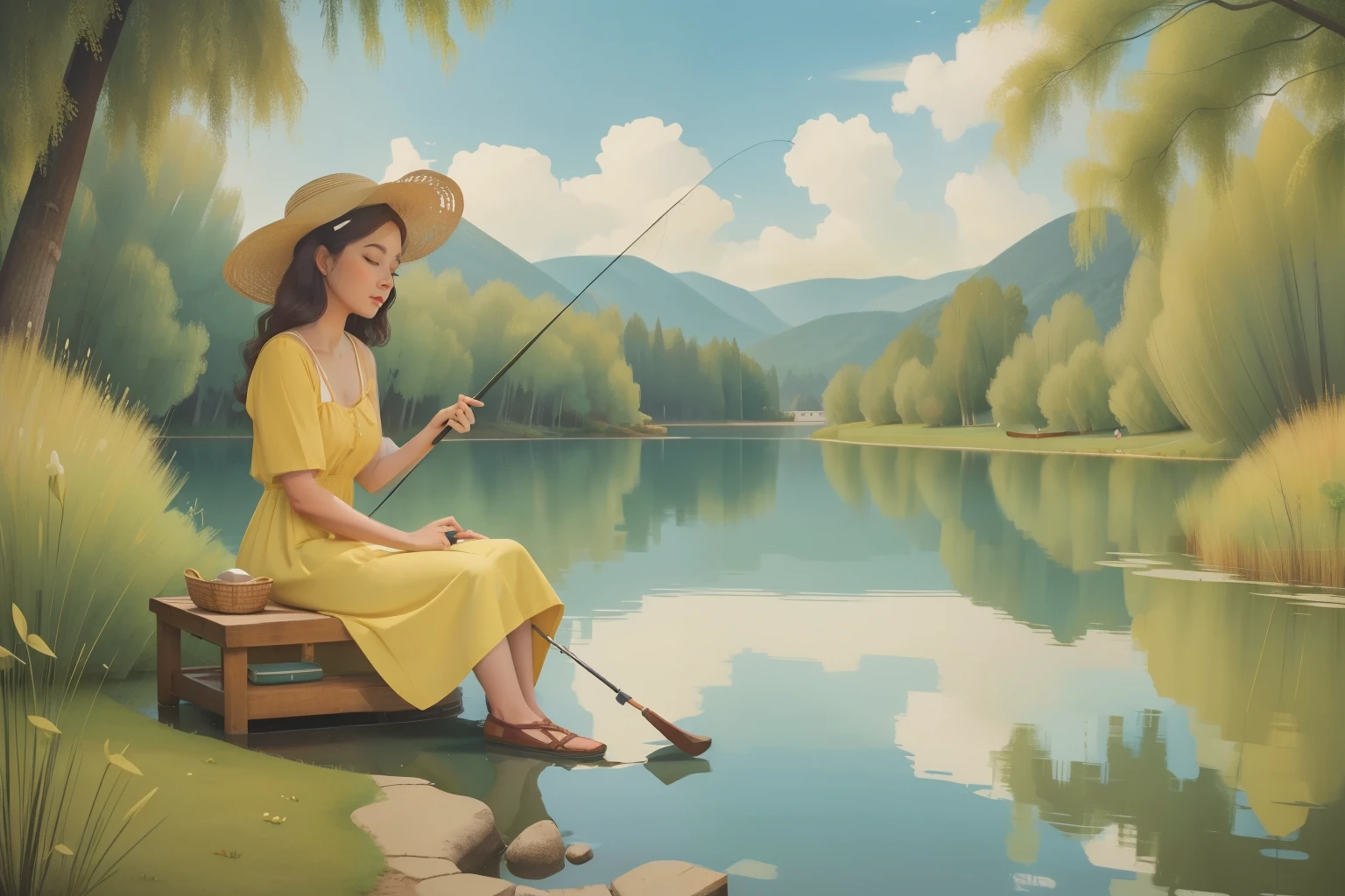 Secluded Lakeside Fishing Retreat: Craft an image of an adult woman with a sun hat and a fishing rod, enjoying a peaceful day by a secluded lakeside. The woman, in a vintage sundress, engages in fishing under the shade of willow trees. The serene lakeside retreat should be painted in Wes Anderson's tranquil and nostalgic colors.