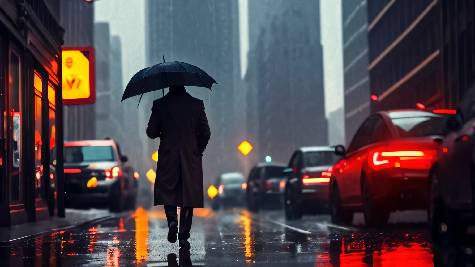 a man in a beige trench coat walking down a street of new york, dark, red neons in blurry background, rain, looking down, noir, noir style, dark tones, no beard, 8k, masterpiece, best quality, dark tones, cinematic, shadows