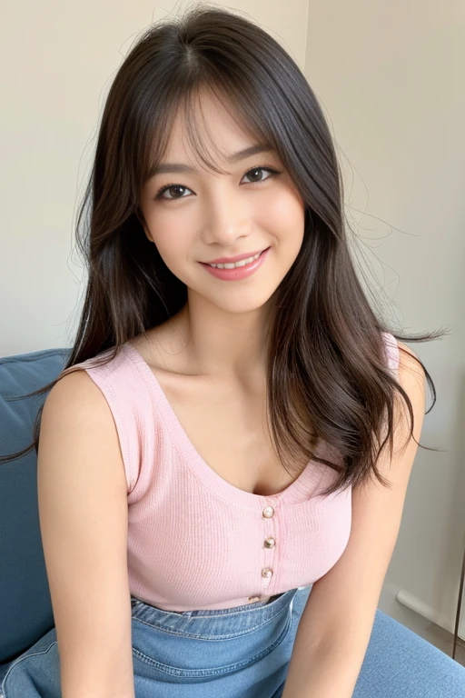 A beautiful woman with perfect eyes and nose、beauty like a model、cute like a model、eyes are double、How to use regular mascara、eye color is blue、hair color is pink、her face is delicate and elegant.、4K image、beautiful style like a model、normal large、A refreshing and lovely smile、yellow blouse、plain orange mini skirt、pose like a model、Overall image、snap shot、Gramaloid Smile、Beautiful and delicate face like a model、highest quality、Masseter muscle part、I'm sitting on the bed in a bright room wearing a miniskirt.、sexy femininity、Bright and super cute smile、Feeling like an adult、