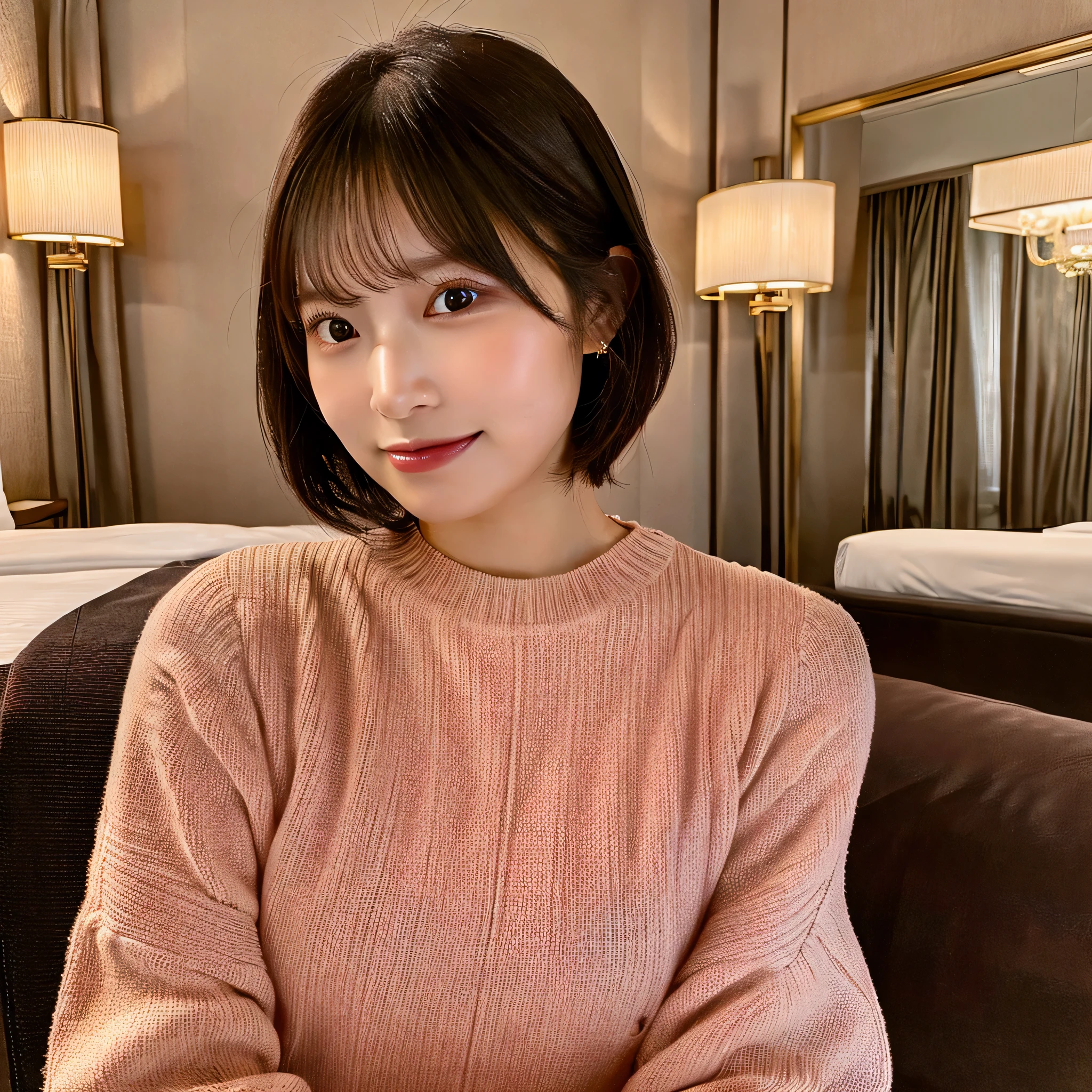 8k UHD,born photo,beautiful japanese girl,(real person:1.3),(High resolution:1.4),(be familiar with:1.5),(realistic:1.7), masterpiece,born photo,art portrait photography,real person,born,visible pores,shiny skin,masterpiece,Unbelievably, girl with beautiful details,(looking at the viewer),professional photography lighting,extremely be familiar with eyes and face, Beautiful eyes in every detail,analog style,pay close attention to detail,blush,cute,luxury,hotel room,short hair,tightwear cross leg