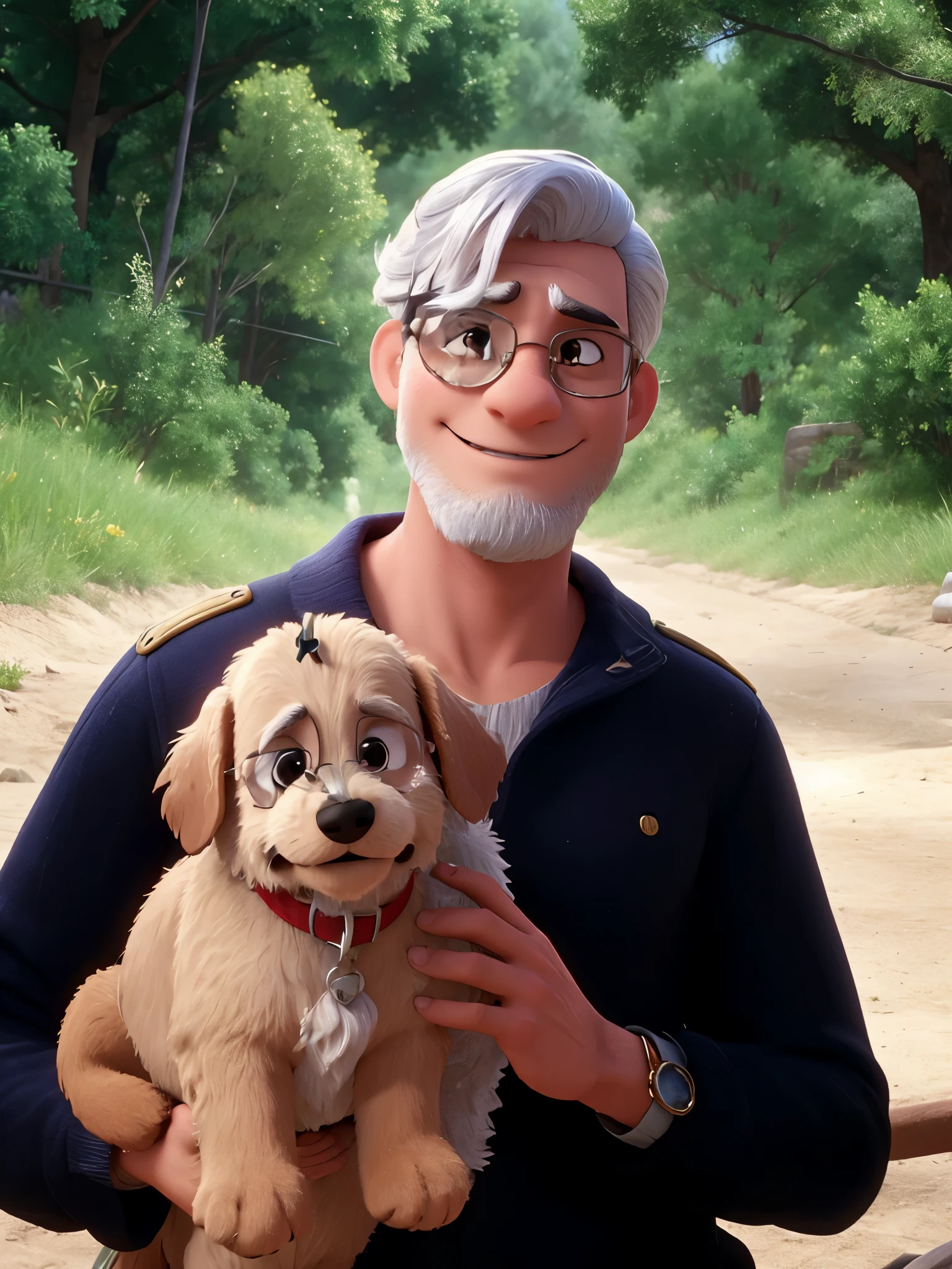 Un hombre sin barba y con gafas con un perro caniche en brazos estilo disney 3D