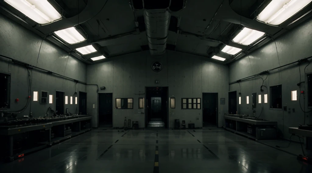 inside of a military lab, big room,eerie mood,many technical machines,many cables running through the room,unsettling atmosphere,studio lighting,physically-based rendering,vivid colors