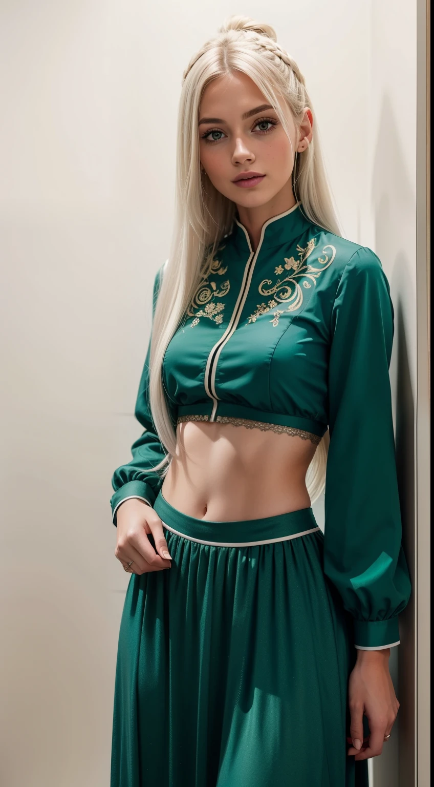 Malaysian tattooed girl, sehr langes, Green, shiny hair with a big topknot, Tragen Sie pastellrote florale Baju Kurung, Smileing, very long white hair, eine goldene Halskette tragen, Vorderansicht, sehr langes, welliges, white hair, Unordentliches Haar, Hair blow-dried, windig, Detail Haut, Altersfleck, Detailliertes Hautbild, Muttermal unter den Augen, kleine Brust, flache Brust, wide hips, schmale Taille, dicke Oberschenkel, Slim abs, beautiful body, Morgen, lachend, happy, Helle Beleuchtung, Menschen im Hintergrund, Portrait
