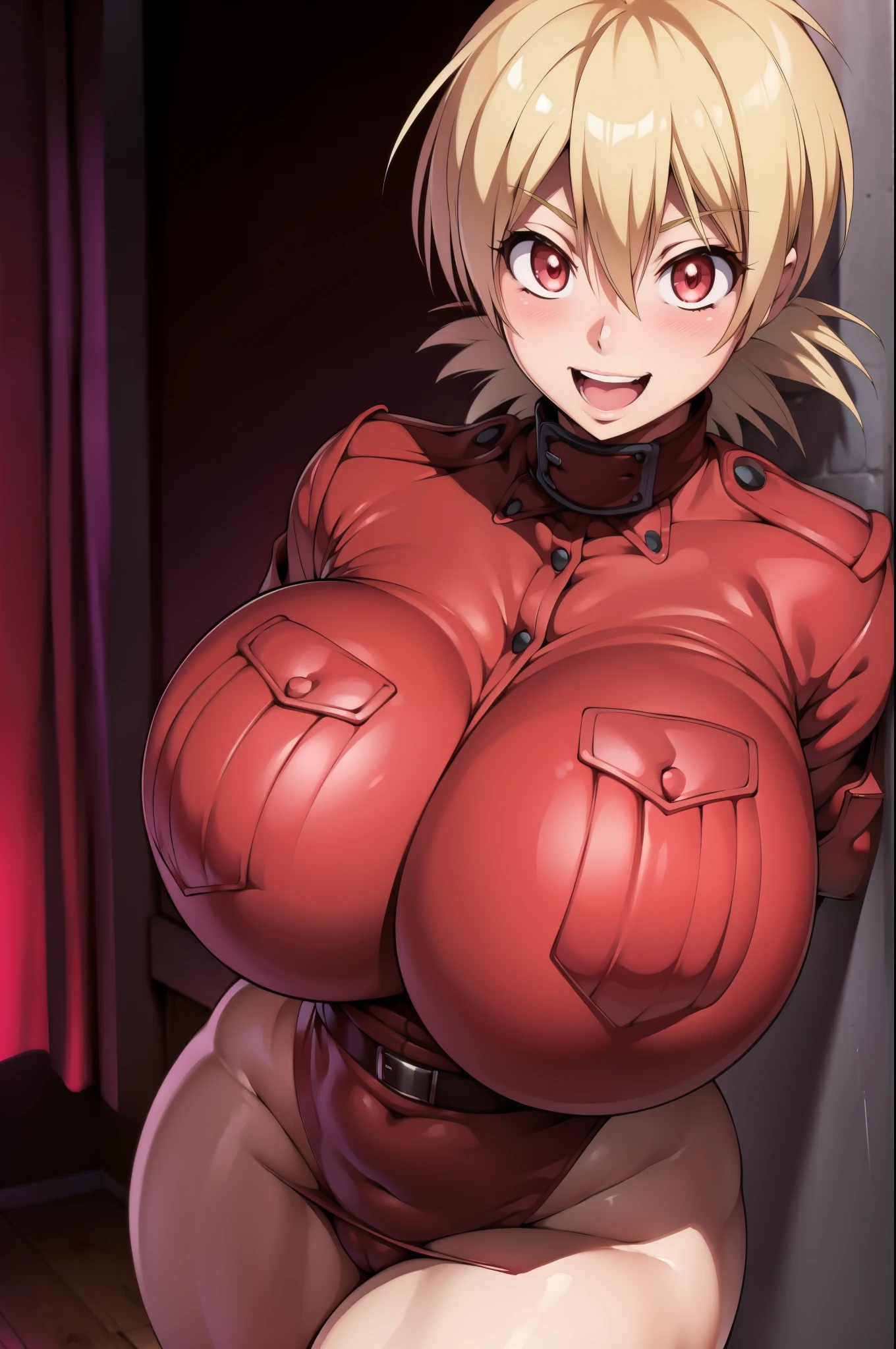 High resolution, Hellsing Ultimate art style, Seras Victoria, 1girl, ((bimbo))), short blond hair, red eyes, puffy lips, thick lips, wide hips, thick thighs, enormous round fake breast, huge ass, cute smile face, open mouth, shy, girlfriend, blushing, tight police uniform, tight top, squishy breasts, soft breasts, breasts squeezed together, close up,