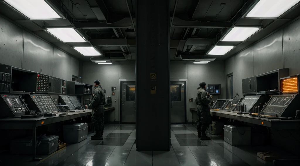 inside of a military lab, big room, eerie mood, many technical machines, many cables running through the room, unsettling atmosphere, studio lighting, physically-based rendering, vivid colors, detailed equipment, futuristic design, dimly lit corners, computer screens flickering, high-tech surveillance devices, metal panels and control panels, scientists in lab coats and goggles, intense concentration, cold and sterile environment, glass cabinets displaying classified documents, mysterious experiments taking place, glimpses of advanced weaponry, a sense of secrecy and urgency, strict security measures, humming sound of machinery, faint smell of chemicals, polished floors reflecting the overhead lights, slanted ceilings with exposed vents, heavy metal doors with digital locks, hushed conversations in the background, an overall sense of controlled chaos, pulsating energy, an impending breakthrough in scientific research, the boundaries of technology being pushed, a glimpse into the future of warfare. (best quality, 4k, highres, masterpiece:1.2), ultra-detailed, (realistic, photorealistic, photo-realistic:1.37), HDR, UHD, extreme detail description, professional, intense shadows, vibrant hues, hauntingly beautiful scene.