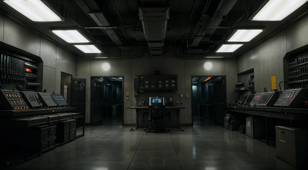 inside of a military lab, big room, eerie mood, many technical machines, many cables running through the room, unsettling atmosphere, studio lighting, physically-based rendering, vivid colors, detailed equipment, futuristic design, dimly lit corners, computer screens flickering, high-tech surveillance devices, metal panels and control panels, scientists in lab coats and goggles, intense concentration, cold and sterile environment, glass cabinets displaying classified documents, mysterious experiments taking place, glimpses of advanced weaponry, a sense of secrecy and urgency, strict security measures, humming sound of machinery, faint smell of chemicals, polished floors reflecting the overhead lights, slanted ceilings with exposed vents, heavy metal doors with digital locks, hushed conversations in the background, an overall sense of controlled chaos, pulsating energy, an impending breakthrough in scientific research, the boundaries of technology being pushed, a glimpse into the future of warfare. (best quality, 4k, highres, masterpiece:1.2), ultra-detailed, (realistic, photorealistic, photo-realistic:1.37), HDR, UHD, extreme detail description, professional, intense shadows, vibrant hues, hauntingly beautiful scene.