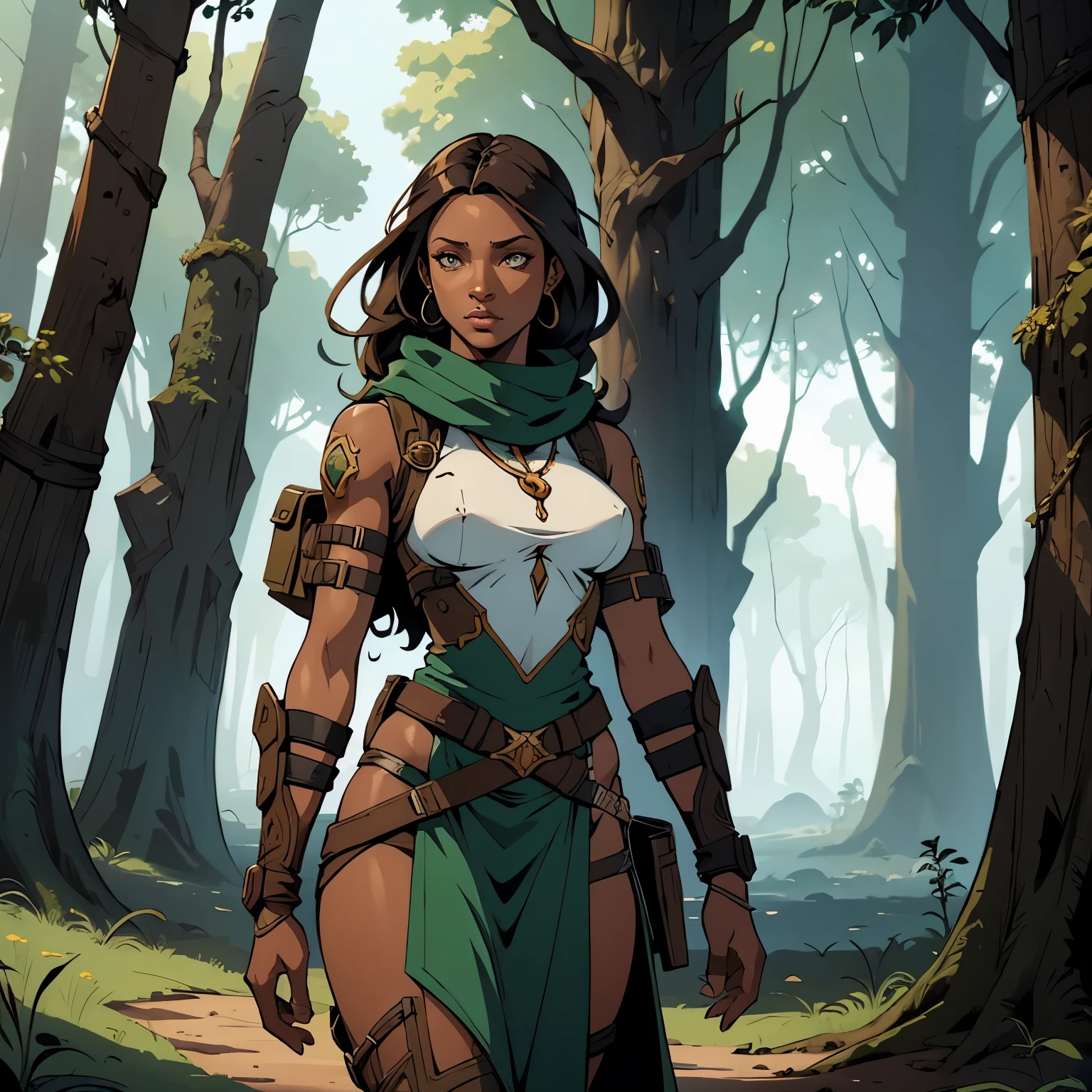 (NSFW mulher africana) walking through an apocalyptic forest, graphic artist Magali Villeneuve, post-apocalyptic explorer, estilo de Raymond Swanland, lady huntress of the forest, epic sci-fi character art, assassina feminina, arte de personagem impressionante, epic sci-fi character art, epic sci-fi character art, retrato de mulher ladina, arte de personagem de RPG