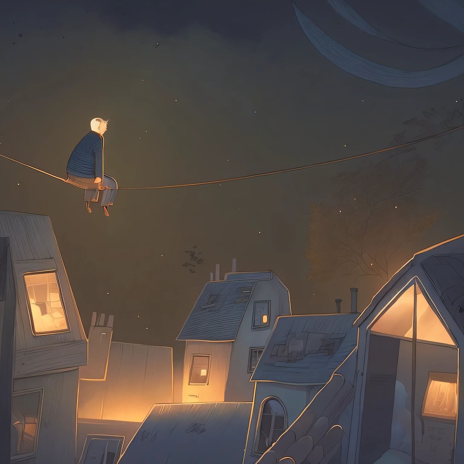 there is a cartoon image of a person in a tight line, noite calma. digital illustration, por Matej Sternen, by André Beauneveu, por Yi Immun, dreamy illustration, illustration”, by Clément Serveau, illustration!, por Tobias Stimmer, an illustration, escondido nos telhados, ilustrador de olho de peixe luz da lua