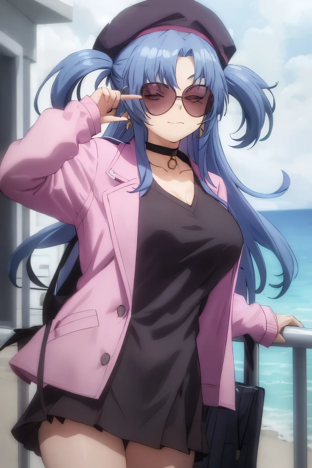 masterpiece, best quality,  alis, aliig, 1girl, solo, hat, blue hair, long hair, jacket, sunglasses, closed eyes, two side up, pink jacket, black headwear, choker, long sleeves, closed mouth, shirt, beret, black shirt, open jacket, open clothes, jewelry, earrings, large breasts, ocean,