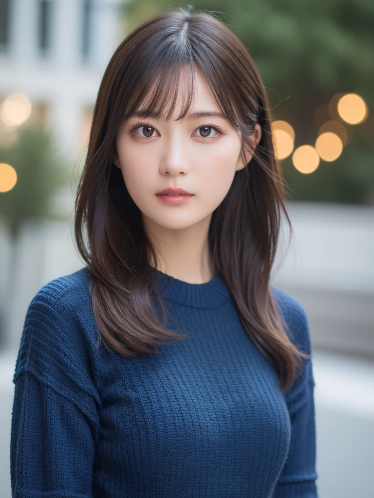 masutepiece, Best Quality, Ultra-detailed, finely detail, hight resolution, 8K picture quality, Perfect dynamic composition, Beautiful detailed eyes,  Natural Lip, Dark blue knitted dress ,