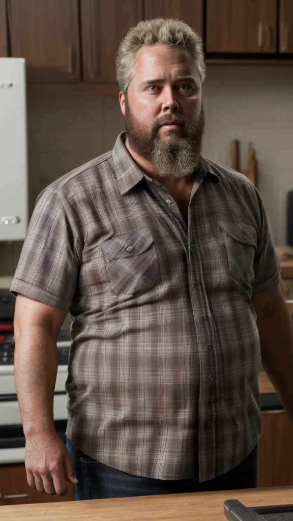 arafed man with a beard with neck length hair and a plaid shirt standing in a kitchen, burly, beer belly, chubby, greg rutkowski-clay wilson-william petersen-linden ashby-wil wheaton-jamie mcshane-chris sullivan merged, entire body visible, full body, hyperrealistic, best quality, 8K, real human skin, masterpiece, extremely intricate, medium closeup, detailed eyes, detailed face, detailed body, exaggerated features, pronounced features