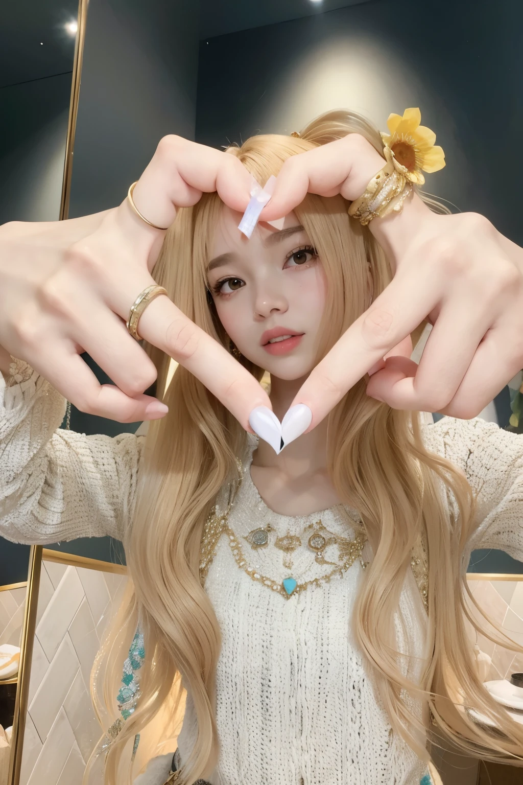 Woman arafed a heart with her hands in a mirror., bella delfina, retrato de kim petras, Lalisa Manobal, holding a modest pose, el corte de hime, Lalisa Manoban de Blackpink, art album, con pelo largo y rubio, 🐿🍸🍋, ulzzang, shikami, sakimichan
