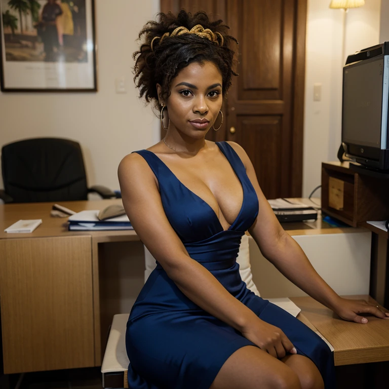 A Brazilian mulatto is a person with a rich ethnic heritage, often exhibiting a combination of African and European ancestry, with a range of skin tones and a vibrant culture that celebrates Brazil's racial and ethnic diversity, dressed in black dress.  royal blue evening.  sitting behind a desk like a president