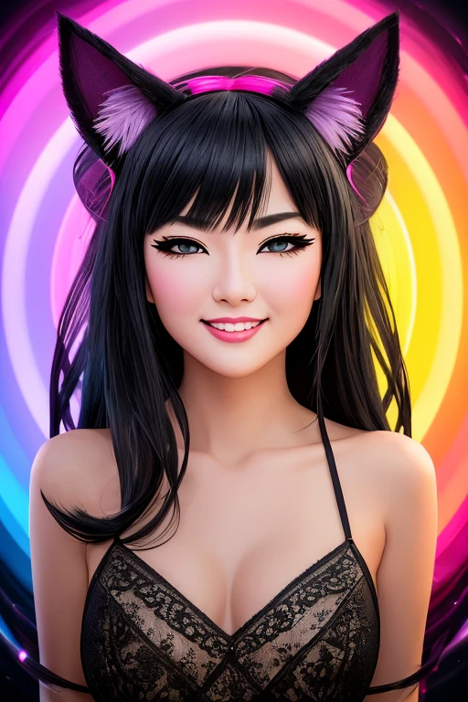 black hair, wince, longeyelashes, solid circle eyes, fake animal ears, light smile, ear blush, fang, Surrealism, drop shadow, anaglyph, stereogram, tachi-e, pov, atmospheric perspective, 8k, super detail, ccurate, best quality, award winning