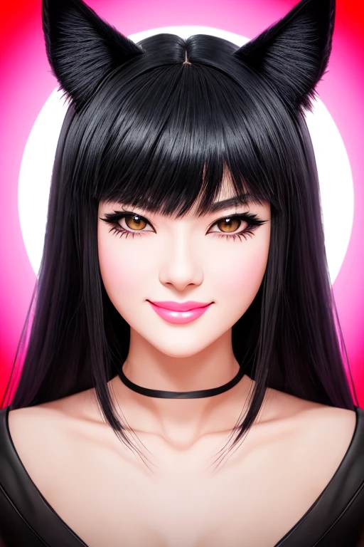 black hair, wince, longeyelashes, solid circle eyes, fake animal ears, light smile, ear blush, fang, Surrealism, drop shadow, anaglyph, stereogram, tachi-e, pov, atmospheric perspective, 8k, super detail, ccurate, best quality, award winning