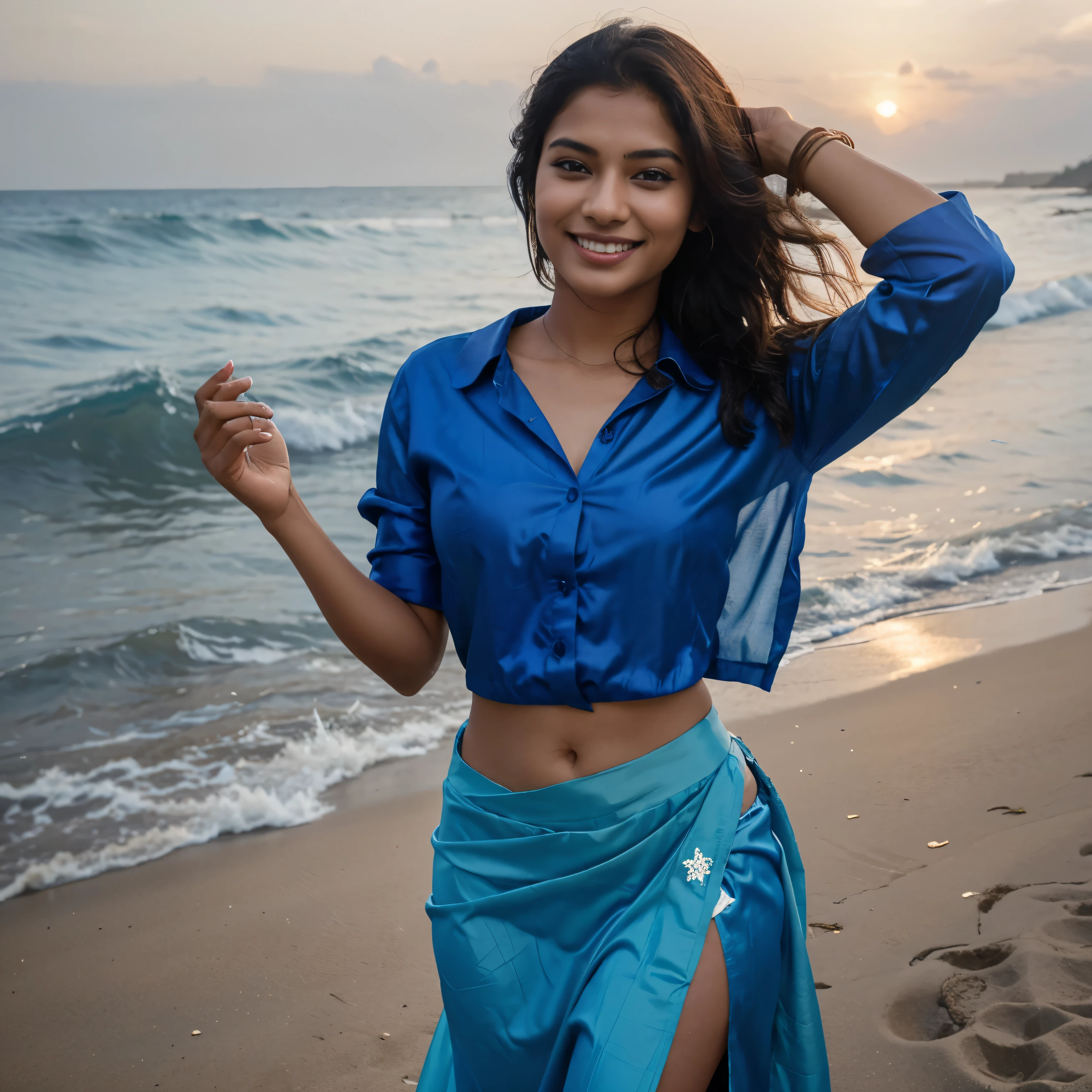 Kerala woman standing on the rooftop wearing a formal suit, 8k uhd, digital SLR camera, soft light, high quality, film grain,high detail,UHD, masterpiece, accurate, anatomically correct, super detail, high quality, 16k, highres, award winning, ((full body shot)), wet hair and body, no abs, no nudity, plumpy, seductive smile