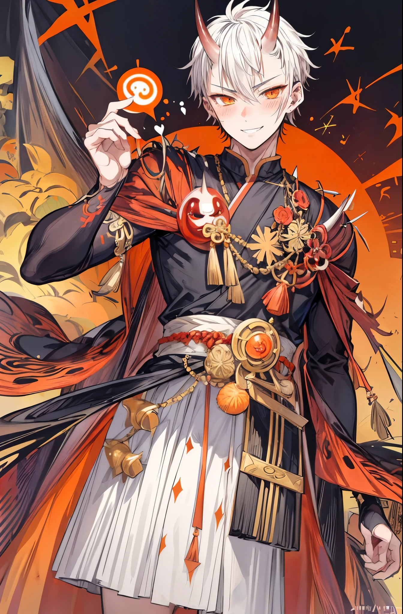 (flat color:1.1),(masterpiece:1.2), best quality, masterpiece, original,(short white spiked hair:1.2), orange eyes and accents, (mature handsome anime man with oni horns looking at the camera with a smile and blush:1.2), oni