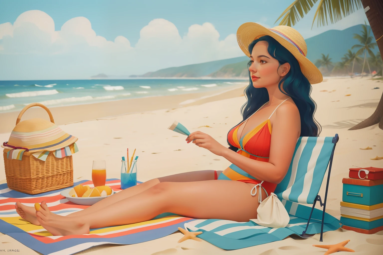 Seaside Literary Escape: Imagine a middle-aged woman with silver streaks in her wavy hair, wearing a vintage swimsuit and a wide-brimmed hat. She sits on a colorful beach blanket surrounded by classic novels and a picnic basket. The beach scene, with its vibrant hues, should be painted in Wes Anderson's nostalgic color palette.