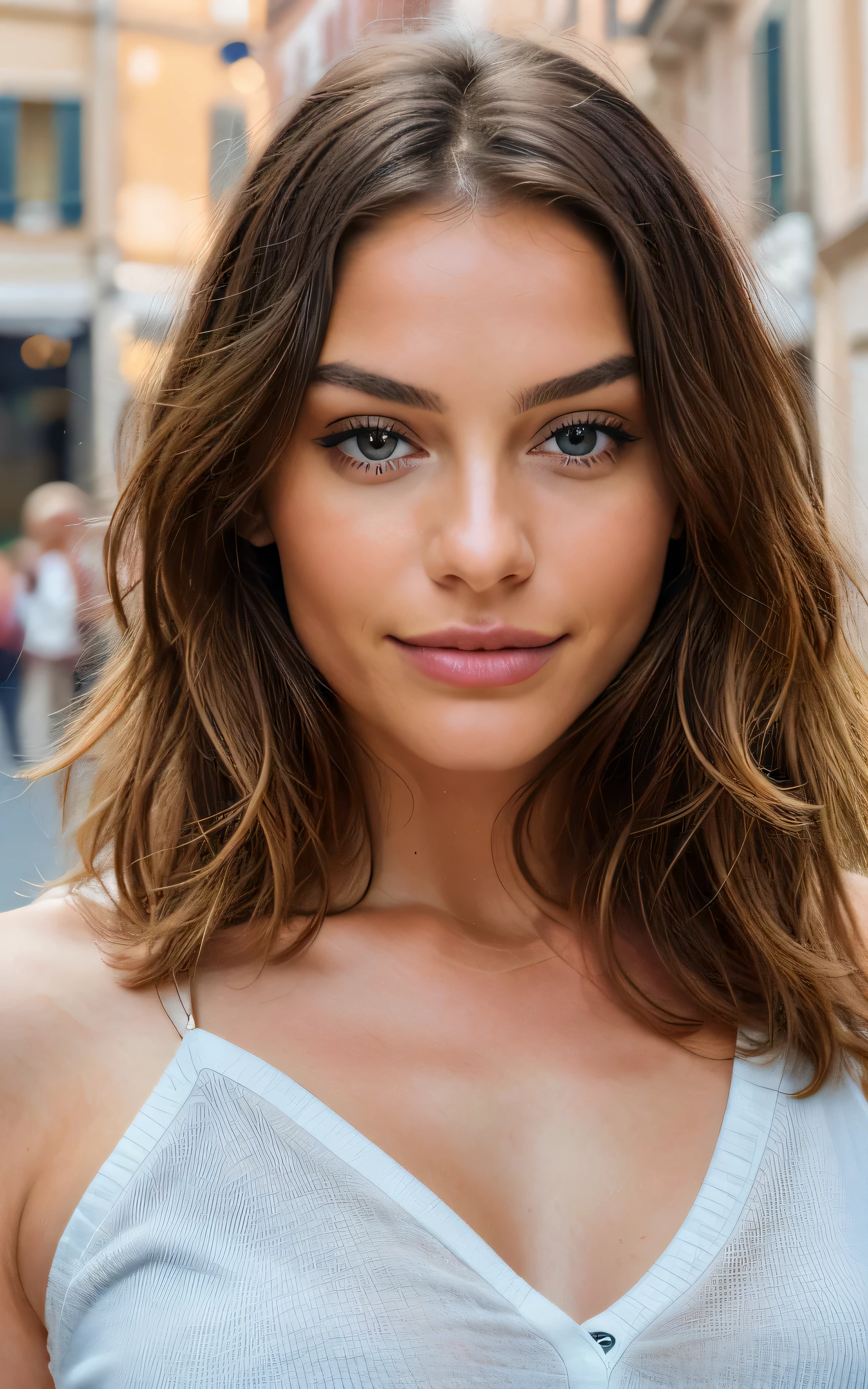 Belle brune aux reflets blonds portant un pull beige (in a café drinking soda), Very detailed, 22 ans, visage innocent, natural wavy hair, yeux bleus, High resolution, masterpiece, Best quality, intricate high detail, highly detailed, mise au point nette, detailed skin, realistic skin texture, texture, detailled eyes, professionnel, 4K, sourire charmant, filmed on Canon, 85 mm, faible profondeur de champ, Couleur Kodak Vision, perfect fit body, Extremely detailed, photographier_\(ultra\), photoreallistic, Realstic, Post-traitement, Maximum details, roughness, real life, ultra realist, photorealism, photographie, 8K UHD, photographie