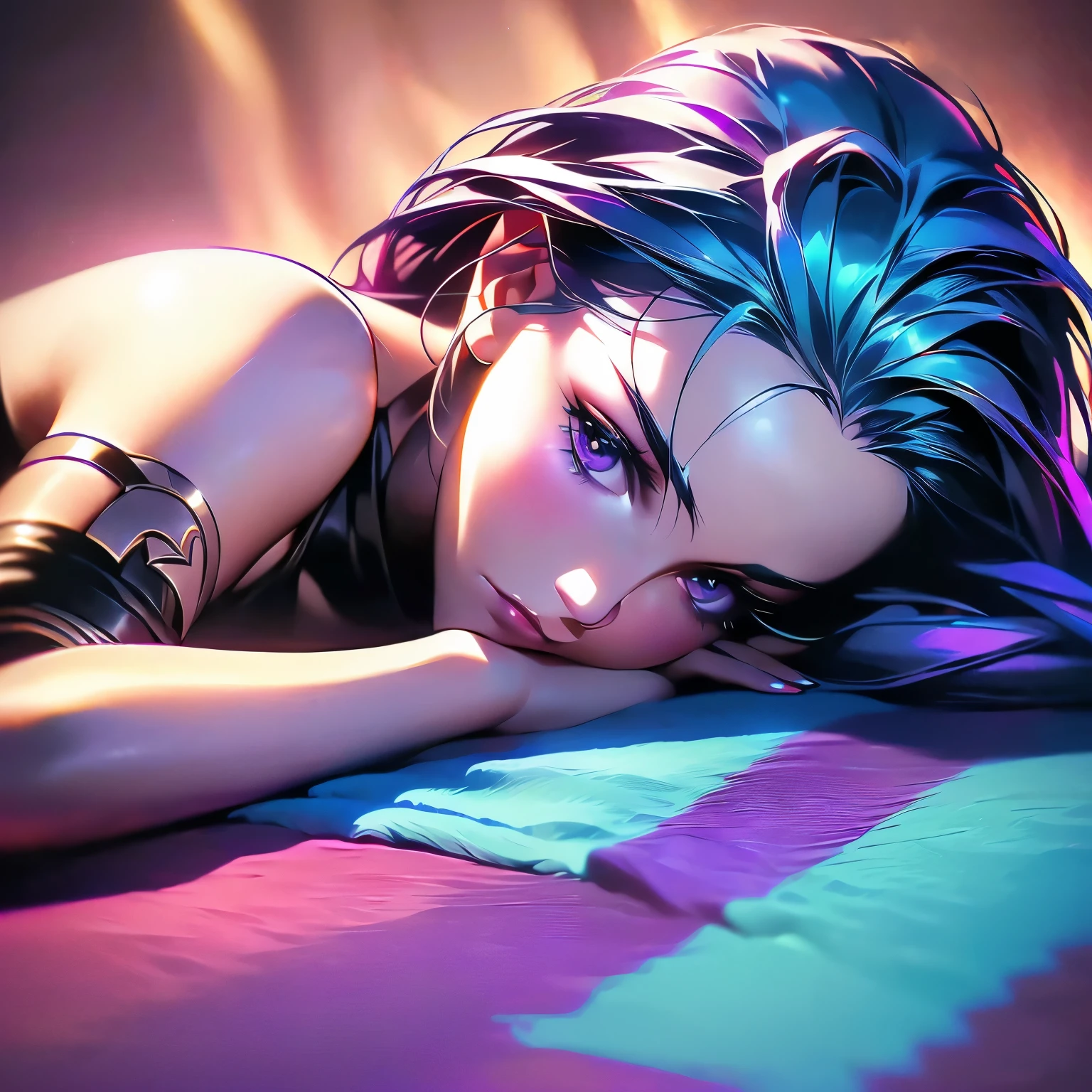 (best quality,4k,8k,highres,masterpiece:1.2),ultra-detailed,(realistic,photorealistic,photo-realistic:1.37),arcane,jinx,league of legends,praia,lying on a towel,alone,sunglasses,beautiful face,detailed skin,realistic hair,perfect texture,full body side view,portraits,vivid colors,soft sunlight