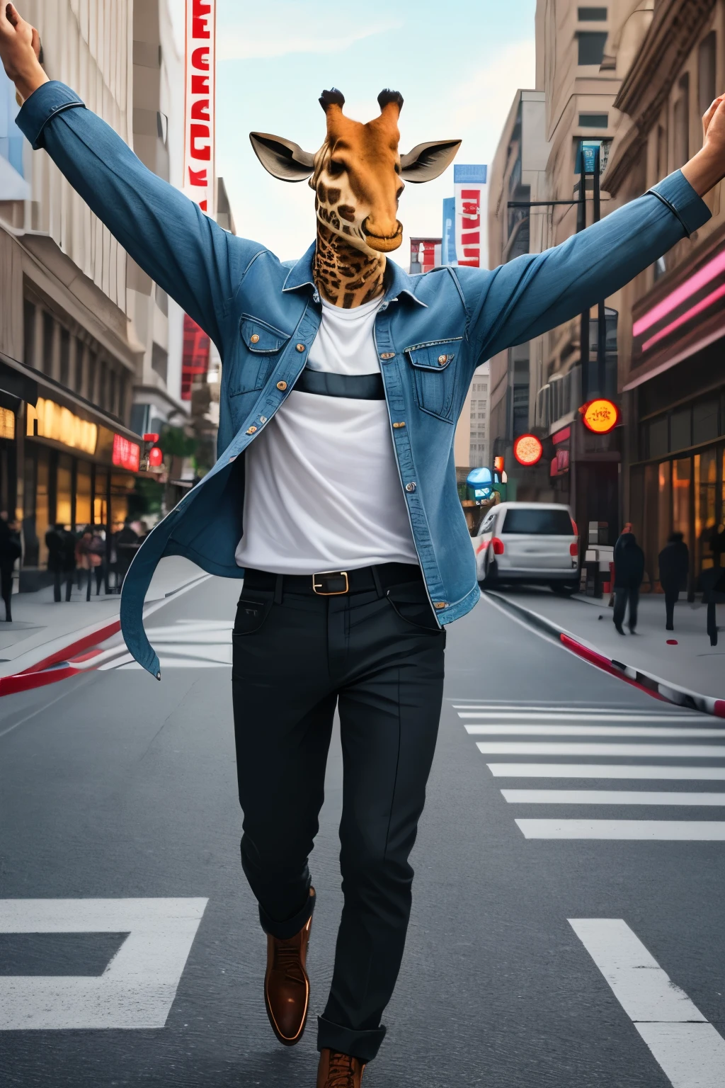 full length canon eos r6 digital reflex photo of a contented humanoid giraffe raising his arms in happiness dressed in a denim jacket, floral shirt, fitted black pants, black and red cowboy shoes in a dynamic position, hyper detailed photo, meticulous photo and perfect capture on a busy street in Los Angeles, in front of the Globe Theater.   --auto --s2
