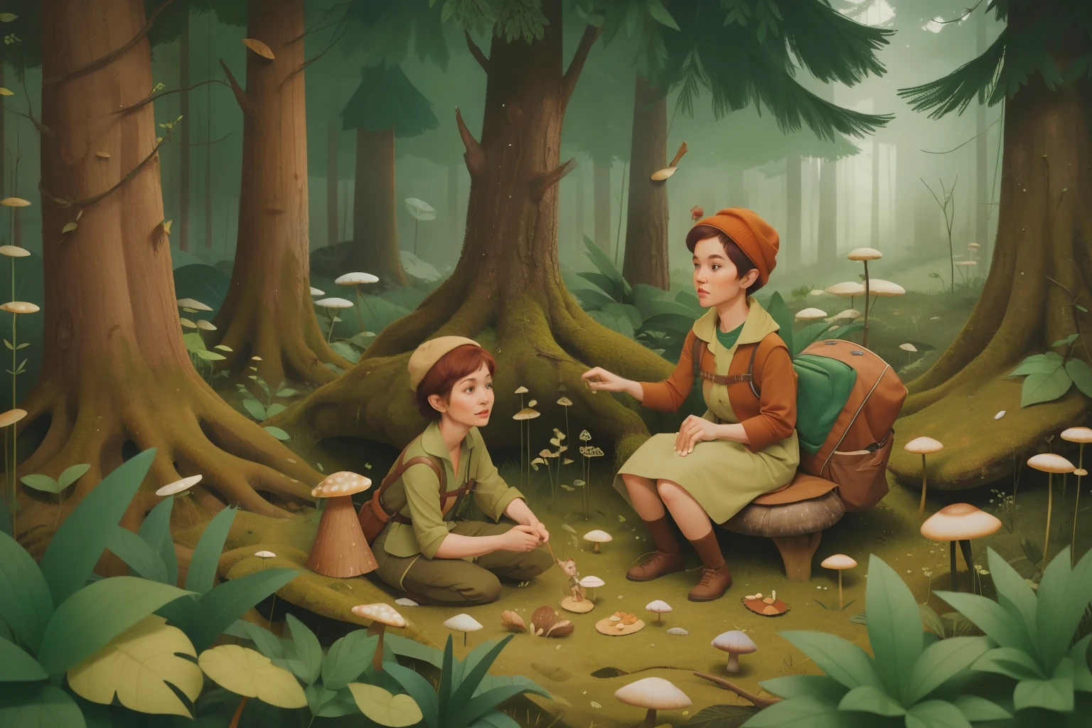 Forest Foraging Expedition: Craft an image of a woman in her forties with a pixie cut, donned in explorer attire, foraging for wild mushrooms in a whimsical forest. The forest floor is covered in a carpet of leaves and dotted with magical creatures. The foraging expedition should be portrayed in Wes Anderson's enchanting color palette.