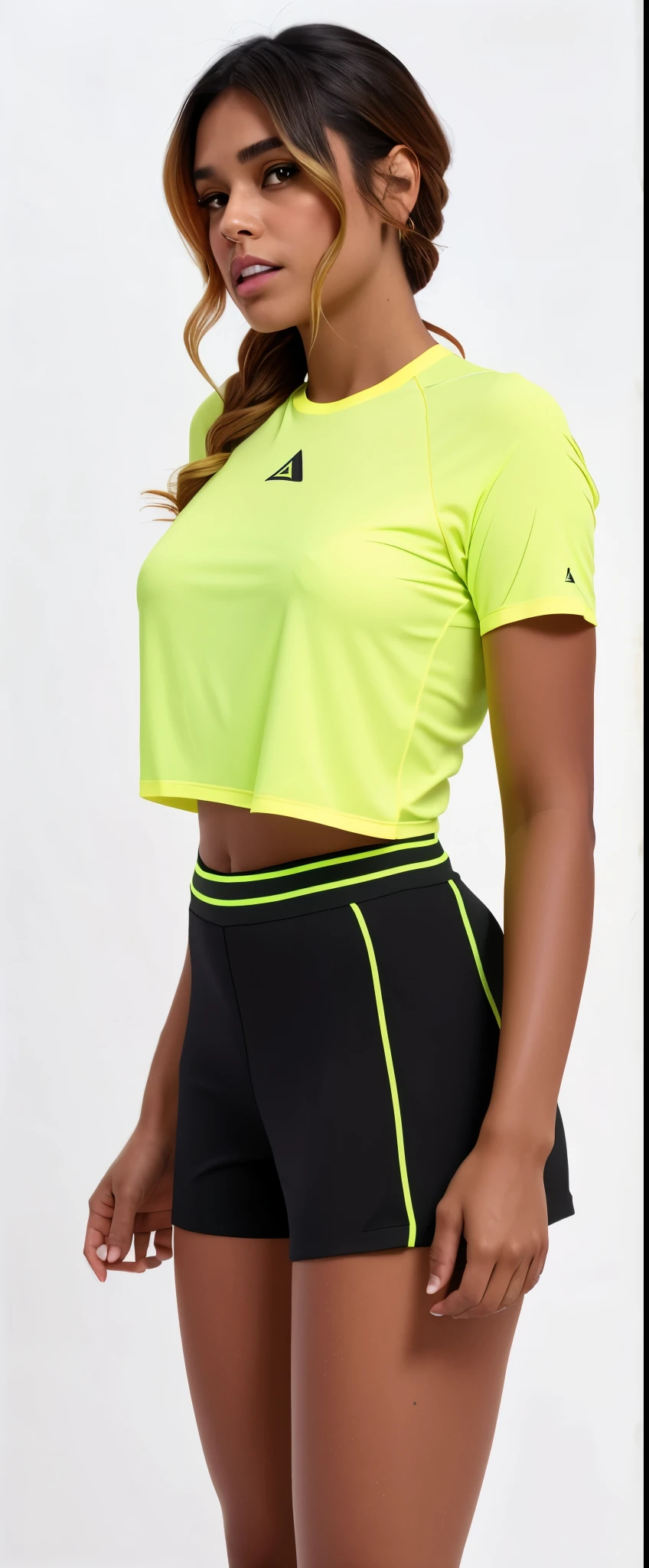 a woman in a yellow corte superior and shorts, (neon colors), vestindo um top cortados, vestindo um top cortado, neon vibrations, com camiseta rasgada, usando um top cropped sexy, bordas neon na parte inferior do corpo, physicist : a menor barriga de todos os tempos, lime green, vestindo top amarelo, corte superior, verde neon