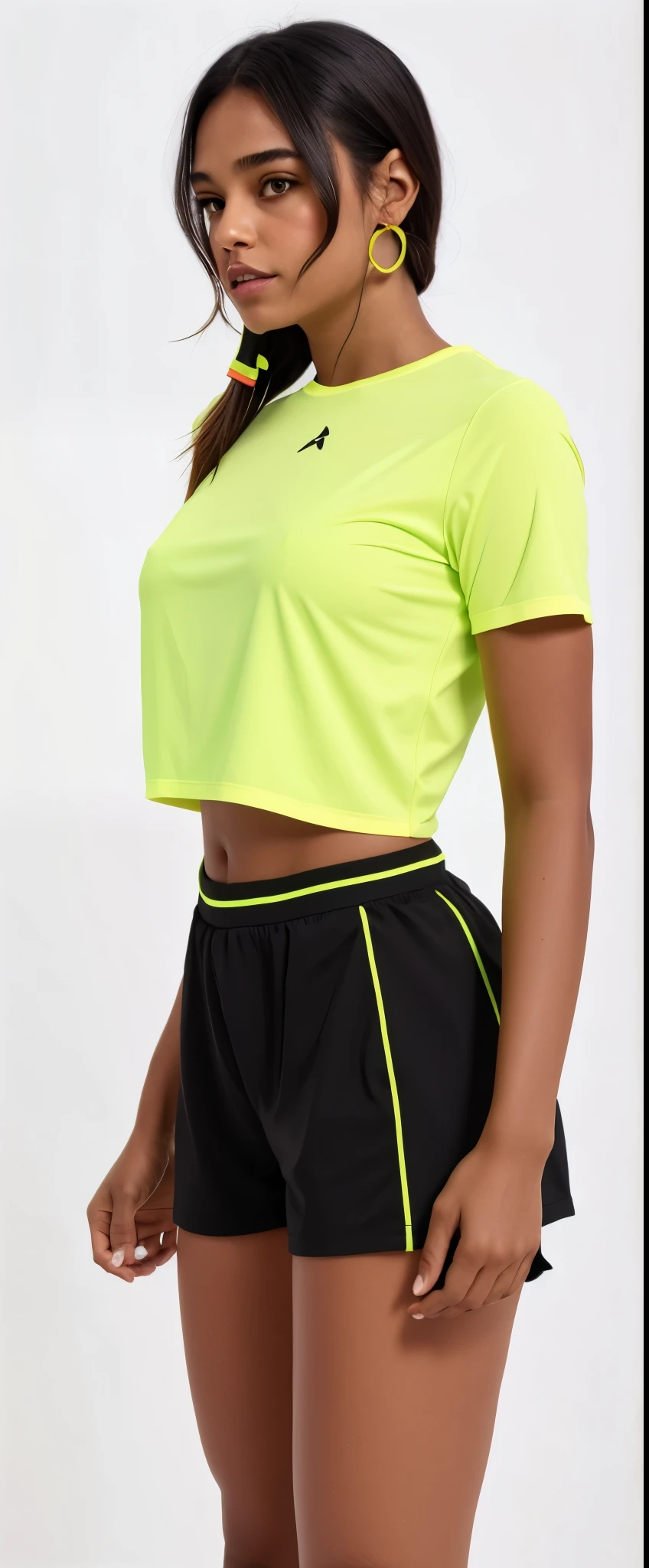 a woman in a yellow corte superior and shorts, (neon colors), vestindo um top cortados, vestindo um top cortado, neon vibrations, com camiseta rasgada, usando um top cropped sexy, bordas neon na parte inferior do corpo, physicist : a menor barriga de todos os tempos, lime green, vestindo top amarelo, corte superior, verde neon