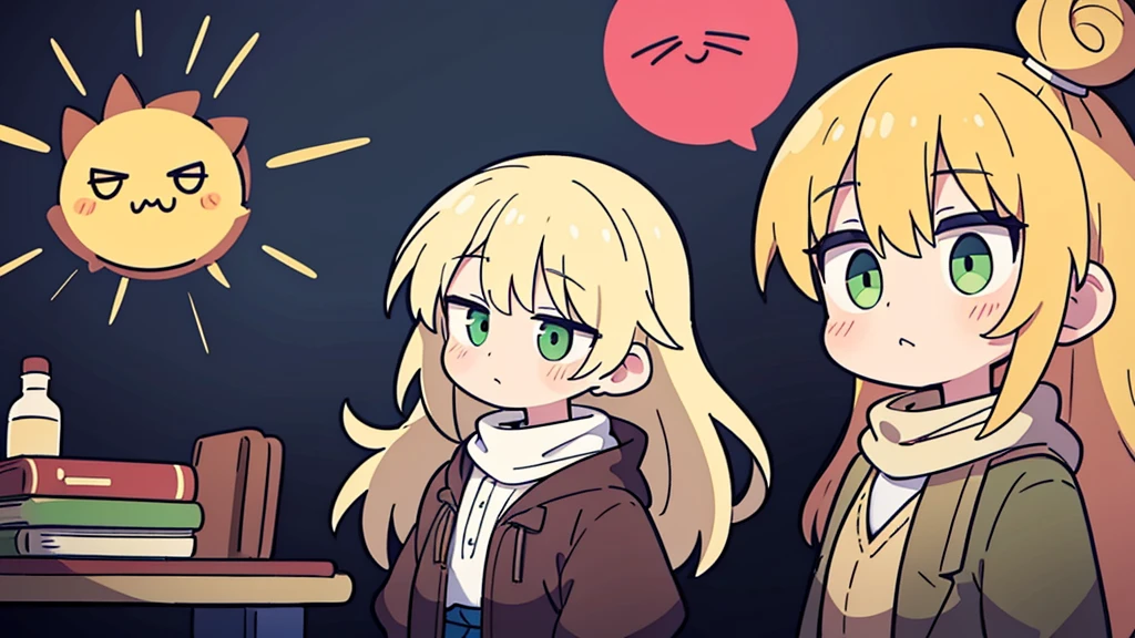 caramel blonde, left hair bangs,19 years old, middle hair, green eyes, Frostpunk