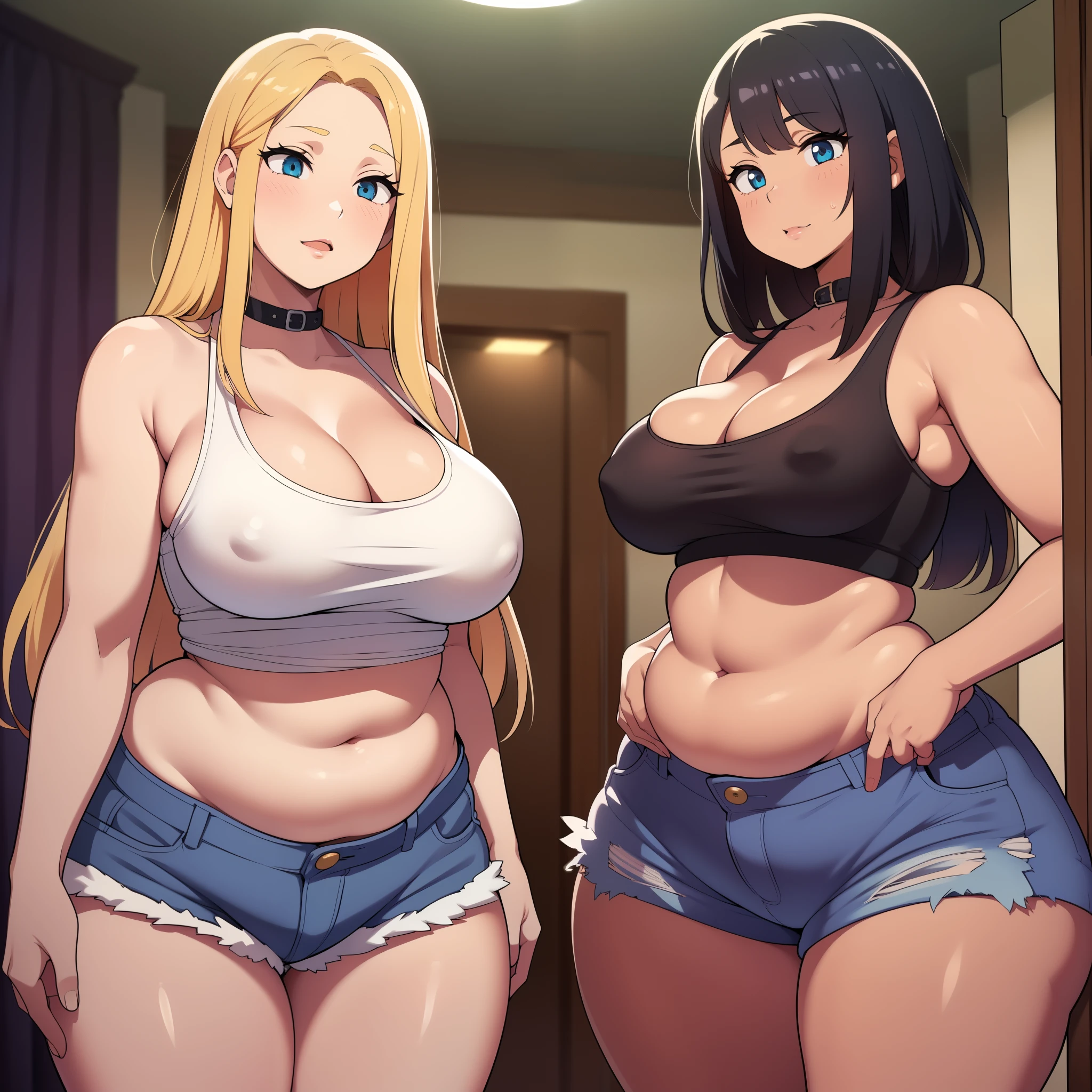 ((Masterpiece)), perfect ???????, perfect shading, field of depth, (best quality), extremely delicate and beautiful, perfect lighting, detailed face, ultra cute face, cute, (cowboy shot 1.2), full body, (((2girls))), ((2 girls 1 and 2))

Girl 1: has long hair, fluffy hair, blonde hair, blue eyelush)), embarrassed, (crop top 1.2), (jean shorts 1.2), extremely tight clothes, ??????????????, cleavage, perky ???????, ((wide ????)), (thick thighs), ((chubby)), pudgy belly, fat rolls, belly hang,

Girl 2: has short hair, fluffy hair, brown hair, green eyelush)), seductive smile, (white tank top 1.2), (jeans 1.2), chocker, extremely tight clothes, ??????????????, cleavage, perky ???????, (((wide ????))), ((thick thiig ????)), ((plump)), chubby belly, fat rolls, belly hang, she has a jiggly belly,

hotel room, standing at the door, intricate background, detailed background, girls are standing next to each other,