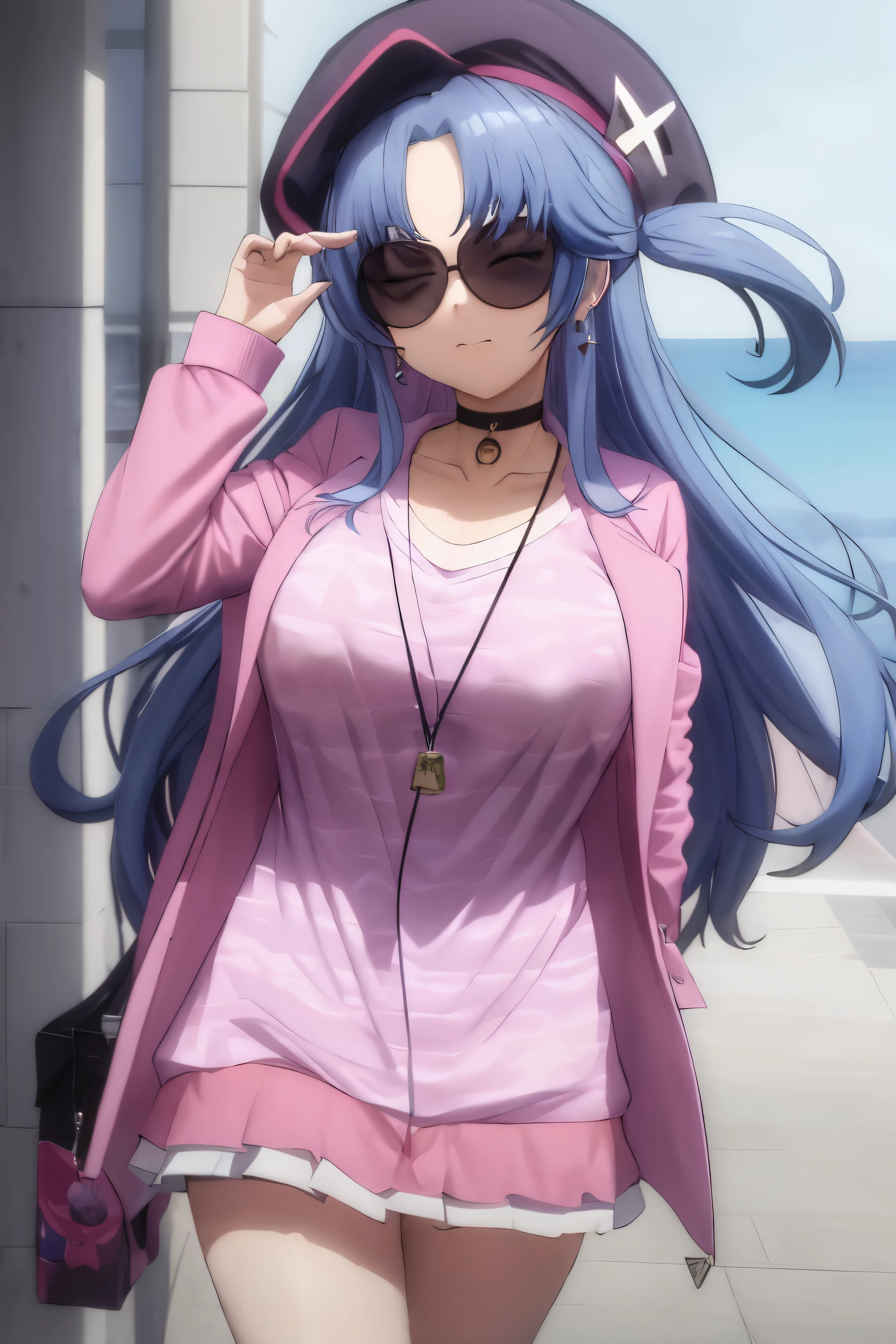 masterpiece, best quality,  alis, aliig, 1girl, solo, hat, blue hair, long hair, jacket, sunglasses, closed eyes, two side up, pink jacket, black headwear, choker, long sleeves, closed mouth, shirt, beret, black shirt, open jacket, open clothes, jewelry, earrings, large breasts, ocean,