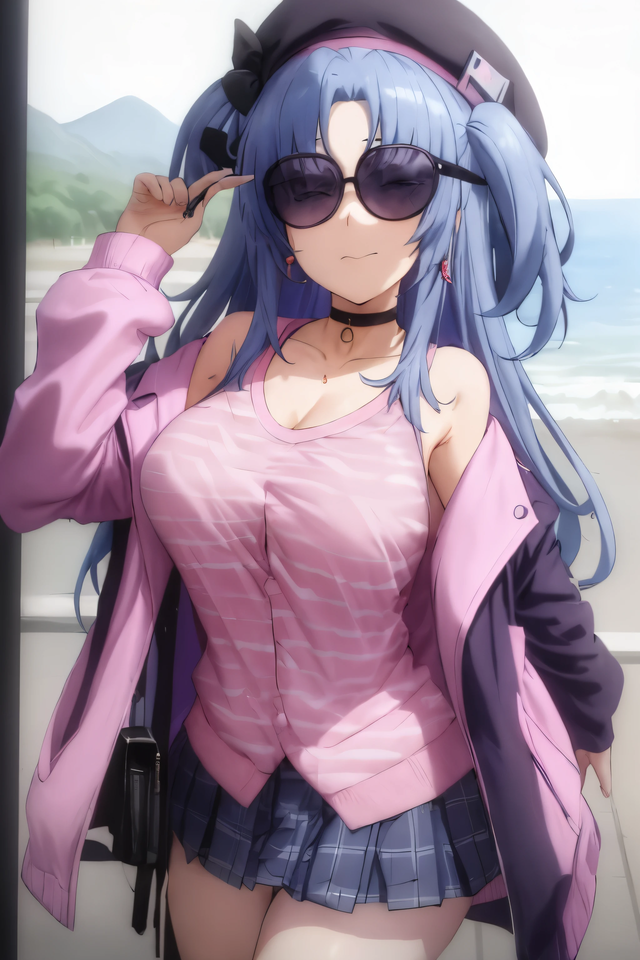 masterpiece, best quality,  alis, aliig, 1girl, solo, hat, blue hair, long hair, jacket, sunglasses, closed eyes, two side up, pink jacket, black headwear, choker, long sleeves, closed mouth, shirt, beret, black shirt, open jacket, open clothes, jewelry, earrings, large breasts, ocean,