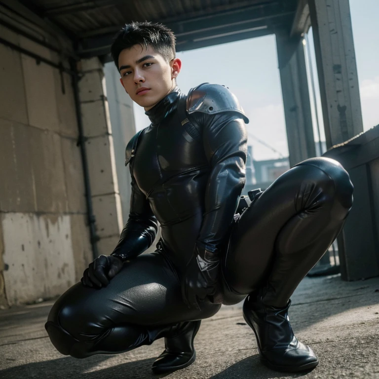 ((Best Quality, 8K, ultra-detailed, Masterpiece: 1.3)), 1boy, shiny skin, sharp, Perfect Body Beauty, realistic shaded perfect body, (cute baby face:1.1),("bodysuit, techwear,big bulge ":1.2),("leggins , armor":1.1),("glove, armor":1.1 ),(techwear)(dynamic pose:1.1), thigh , battle field , (bulge focus:1.2) ,squatting