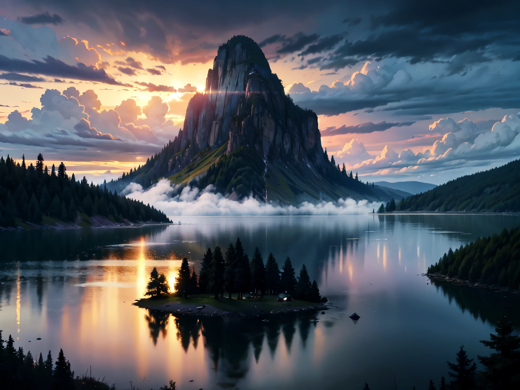 camp site, lake, fog, beautiful sky, detailed clouds, warm lighting, cinematic lighting, jpeg artifacts, Eye-Level Shot, drop shadow, Ghibli-like colours, atmospheric perspective, masterpiece, retina, accurate, best quality, highres, 8K, super detailed