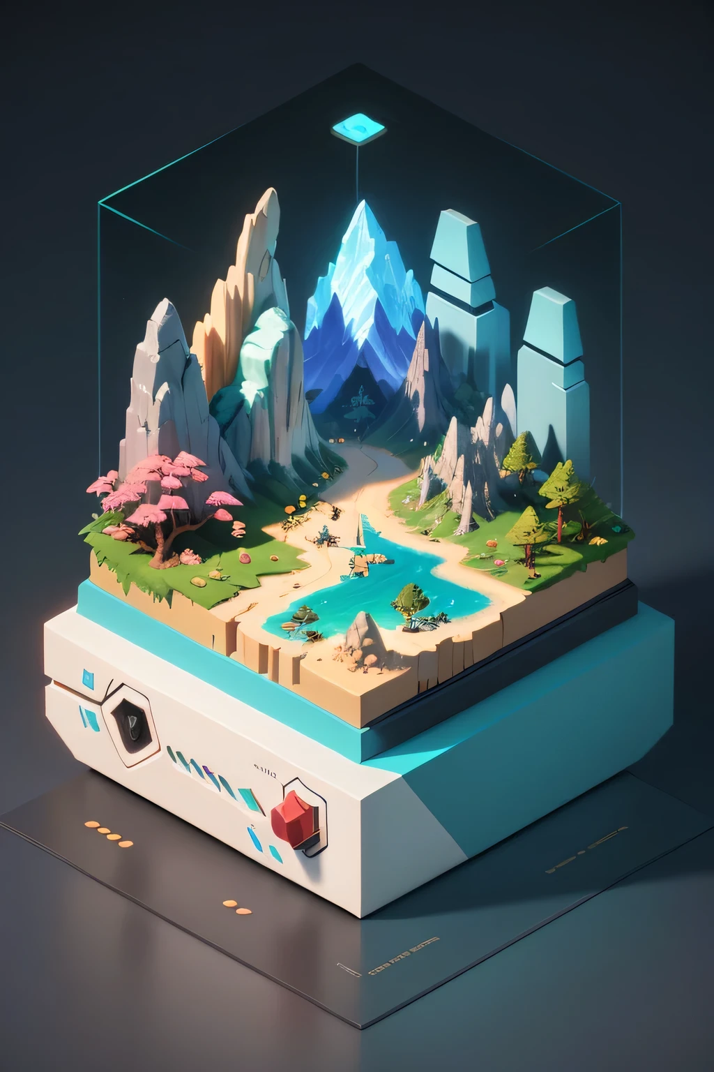 Best Quality, Masterpiece, 3D rendered video game asset, low poly style, minimalistic, simplified, smooth shading, soft smooth lighting, dominant cyan and rose color palette, isometric display case, ((isometric)) render of the world of biogenesis during the ancient continental period, Best Quality, 32k --v 6