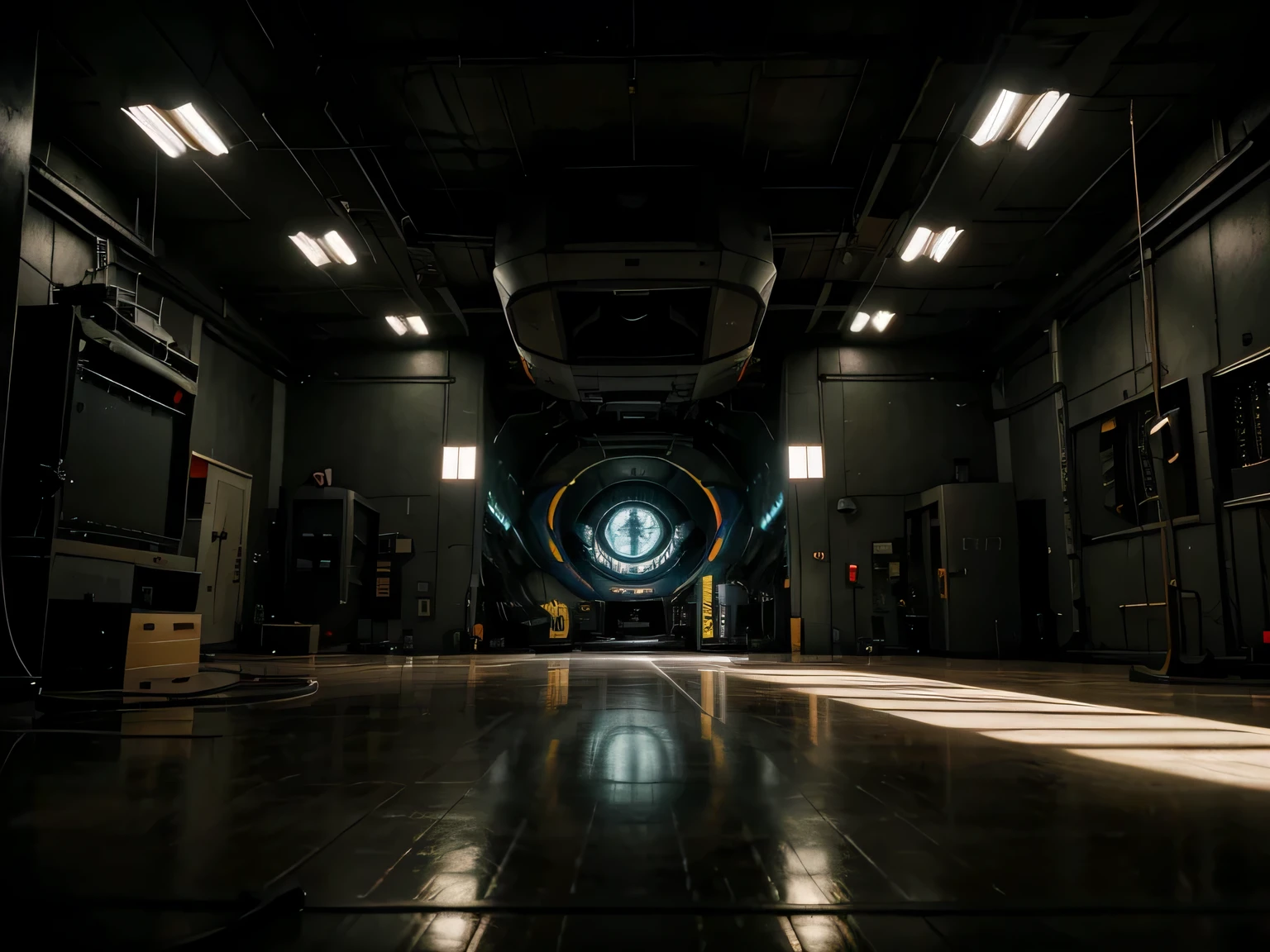 inside of a military lab, big room,eerie mood,many technical machines,many cables running through the room,unsettling atmosphere, a big mechanical pod in the middle of the room with a silhouette inside of it, studio lighting,physically-based rendering,vivid colors