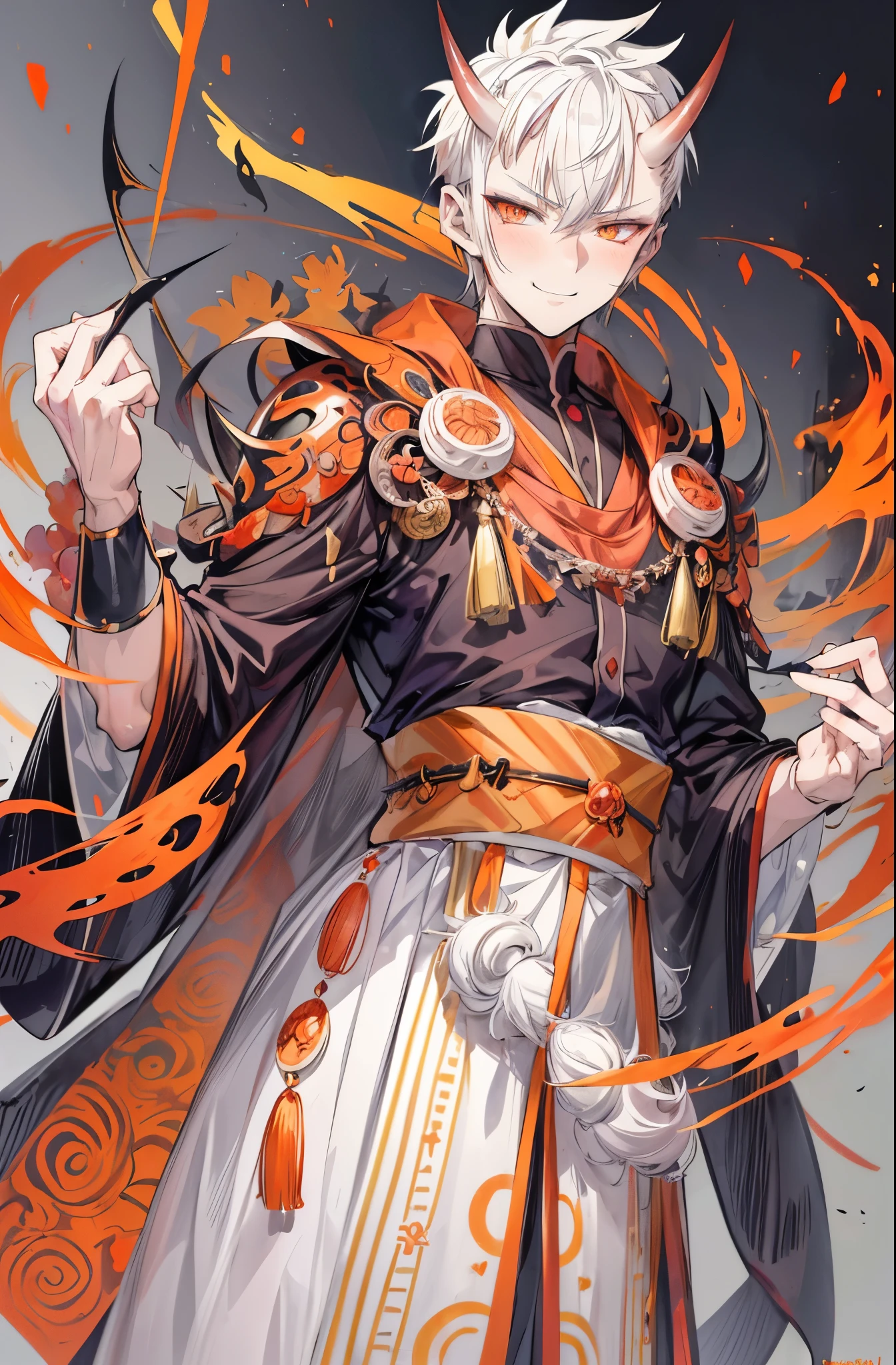 (flat color:1.1),(masterpiece:1.2), best quality, masterpiece, original,(short white spiked hair:1.2), orange eyes and accents, (mature handsome anime man with oni horns looking at the camera with a smile and blush:1.2), oni