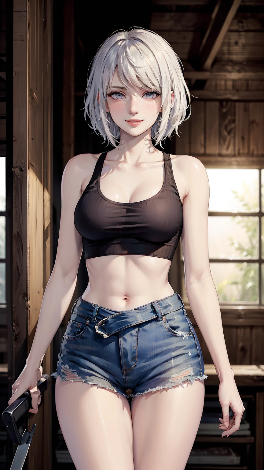 ((((masterpiece, best quality, high resolution)))), (1girl:1.5), ((short silky hair, white hair, purple eyes)), (medium breasts:1.2), blush, (cheeky smile, parted lips), glow, thighs, bare shoulders, collarbone, narrow waist, (slender body figure), (beautiful detailed face, beautiful detailed eyes), ((Black crop top, open waist)), looking at viewer, ((centered shot, from front,(face and waist)))