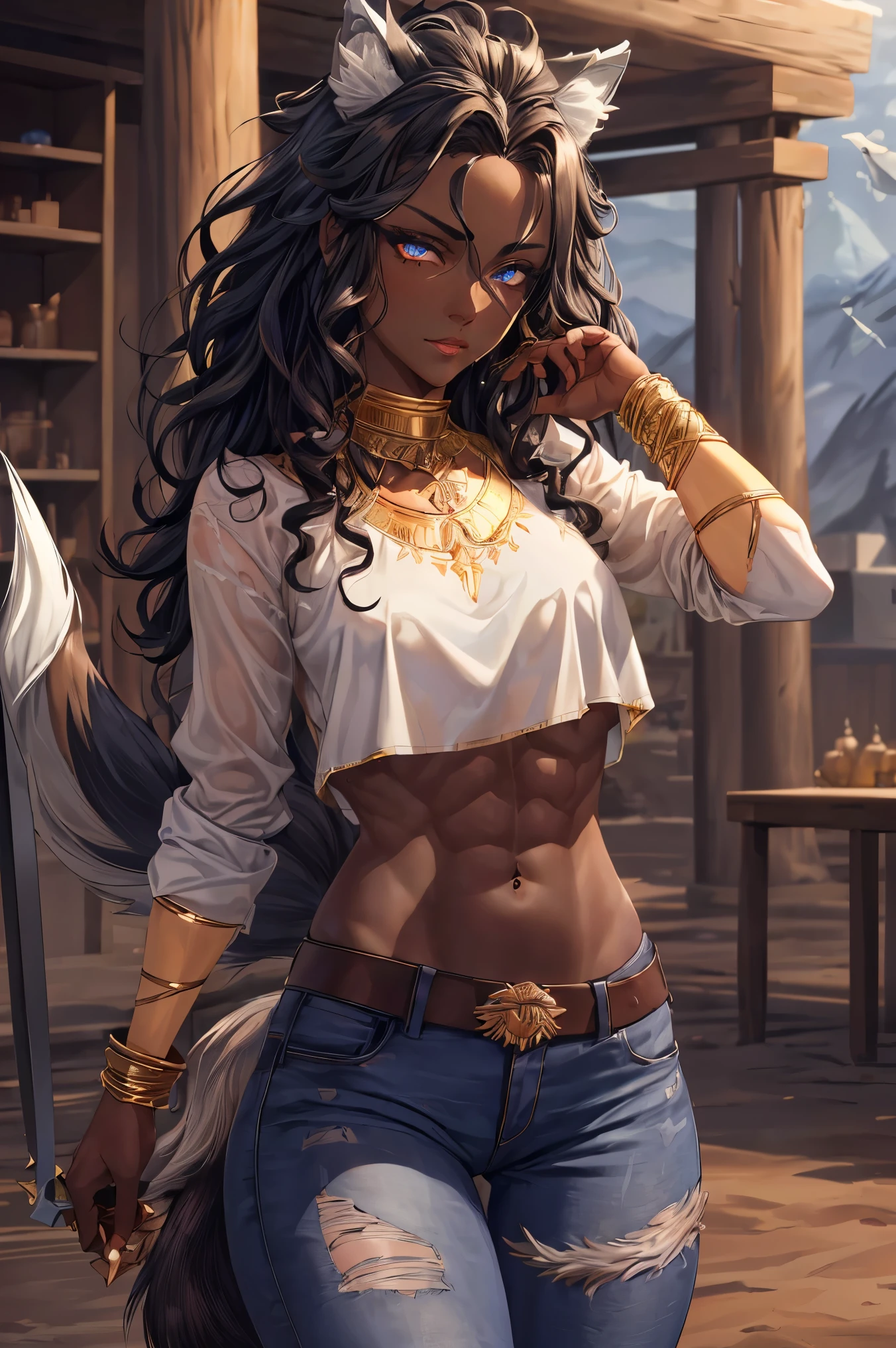 (best quality, masterpiece:1.2), ((perfect face)), mature woman, detailed hair, detailed eyes, detailed lips, ((dark skin)), ((curly hair, medium hair, dark hair, blue eyes, glowing eyes)), small mouth,[abs:0.4], ((cowboy shot)), looking at viewer, glare, disdain, sword weapon, realistic colors, studio lighting, desert, (ripped pants white pants with golden details,, ripped shirt, golden details, woman, wolf-ear, wolf-tail, wolf-woman)