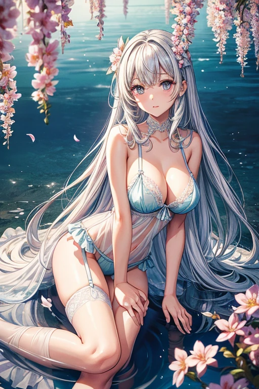 Flowers bloom by the water、weeping cherry blossoms、wisteria flowers、water reflection!!!!!、sheer lingerieを着てポーズをとるアラフィフの女性写真、lingerie beauty、Intricate and detailed lace set、Wearing sexy see-through lingerie、garter belt、push up underwire。complex, captivating and captivating、wavy slutty transparent lingerie、虹色の光沢のあるsheer lingerie、sheer lingerie!!、Woman in see-through lingerie posing for a photo、sheer lingerie!!、beautiful female body、fantastic and fantasticな雰囲気、see-through lingerie、Sheer frills、光沢のあるsheer lingerie、translucent dress、dreamy aesthetics、mysterious softness、a blurred glow、soft aesthetics、transparent underwear、fantastic and fantastic、translucent body、fantastic and fantasticなスタイル、fantastic and fantastic、huge breasts、beautiful leg style、stylish hair、cute hairstyle、Many petal body esbian、