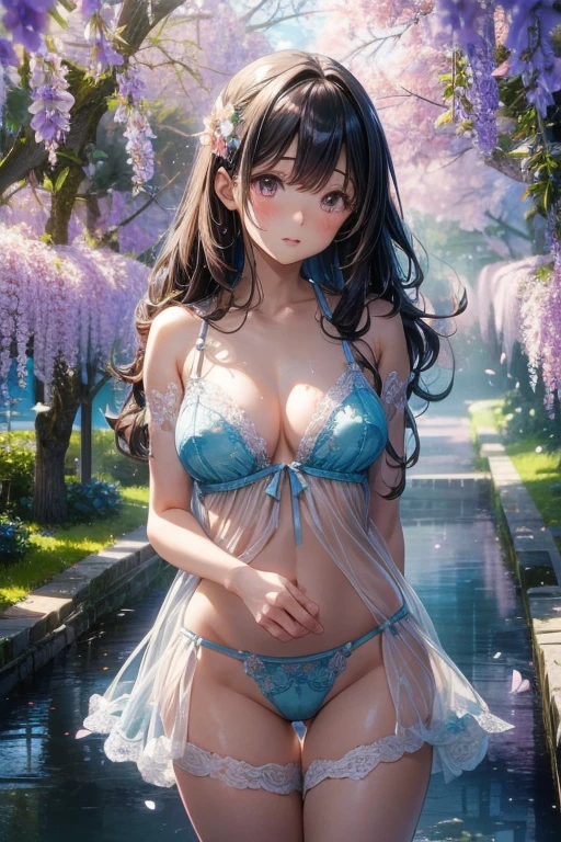 Flowers bloom by the water、weeping cherry blossoms、wisteria flowers、water reflection!!!!!、sheer lingerieを着てポーズをとるアラフィフの女性写真、lingerie beauty、Intricate and detailed lace set、Wearing sexy see-through lingerie、garter belt、push up underwire。complex, captivating and captivating、wavy slutty transparent lingerie、虹色の光沢のあるsheer lingerie、sheer lingerie!!、Woman in see-through lingerie posing for a photo、sheer lingerie!!、beautiful female body、fantastic and fantasticな雰囲気、see-through lingerie、Sheer frills、光沢のあるsheer lingerie、translucent dress、dreamy aesthetics、mysterious softness、a blurred glow、soft aesthetics、transparent underwear、fantastic and fantastic、translucent body、fantastic and fantasticなスタイル、fantastic and fantastic、huge breasts、beautiful leg style、stylish hair、cute hairstyle、Many petal body esbian、