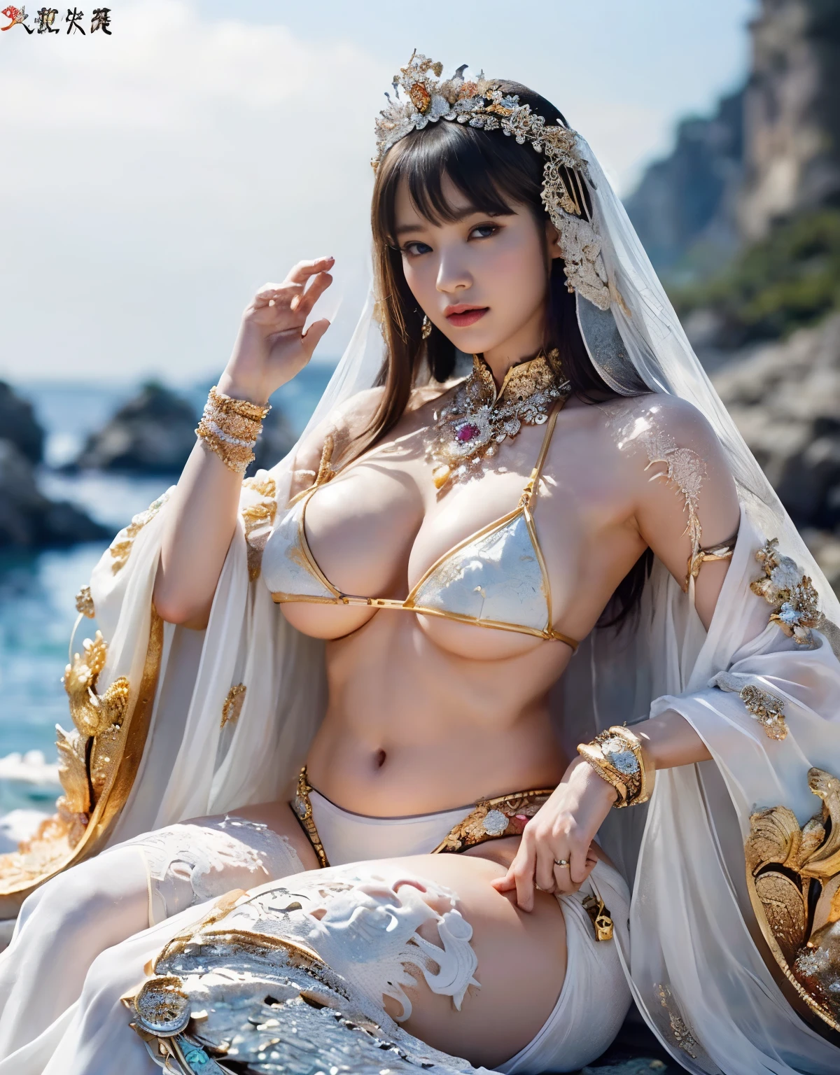 (intense chest expression）,highest quality、masterpiece、ultra high resolution、（Gold Dragon Armor）、(((huge boobs)))、(((large floral ornament on the head))),(((detailed micro bikini))),(wears a beautiful crown made of precious stones),(photorealistic:1.4)、Raw photo、1 girl、(((random hair))、(((take various poses)))、Glossy skin、(((White Chinese Dragon)))、intricate and gorgeous hair ornaments、（Looks like a gorgeous jewelry necklace）、（whole body angle）、（fight big dragonet bikini）、((beautiful sea background)),sheer cliff、(castle background)、((Super realistic details))、Portrait、global illumination、（sexy pose）、shadow area、octane rendering、8K、ultra sharp、huge boobs、Raw skin exposed in the cleavage、Metal、Intricate ornament details、japanese details、very intricate details、eyes are blue、Eyes shining towards the camera、thigh、（whole body angle）、（veil）、(((heavy big))),((she is wearing a beautiful jeweled bangle.)),beautiful hip line、