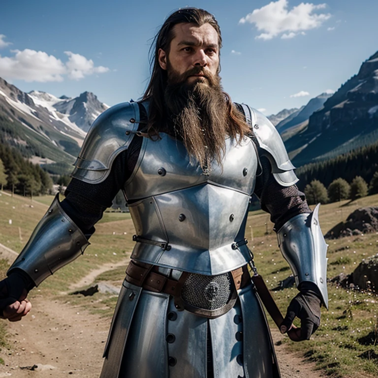 german man, knight, chainmail, beard, muscular, ready for battle, mountains
