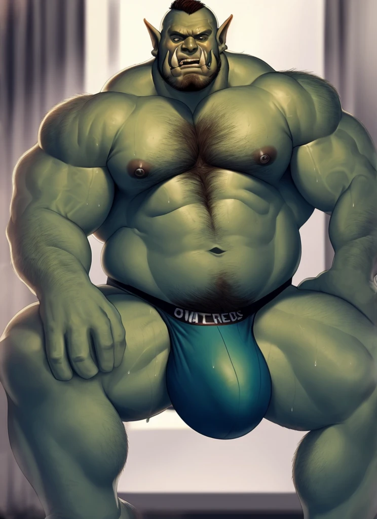 humanoid, orc, pecs, muscular male, sitting, looking at viewer, tusks, jockstrap, huge bulge, sweaty, really hairy