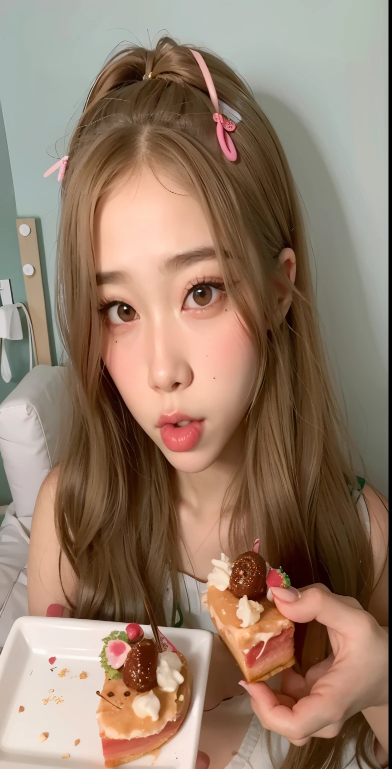 there  a young girl holding a plate of food and a donut, mukbang, ulzzang, ultrarealistic sweet bunny girl, kawaii realistic portrait, popular south korean makeup, belle delphine, eating cakes, yanjun chengt, lalisa manobal, jossi of blackpink, fairycore, pie eyes, pale porcelain white skin, popular korean makeup