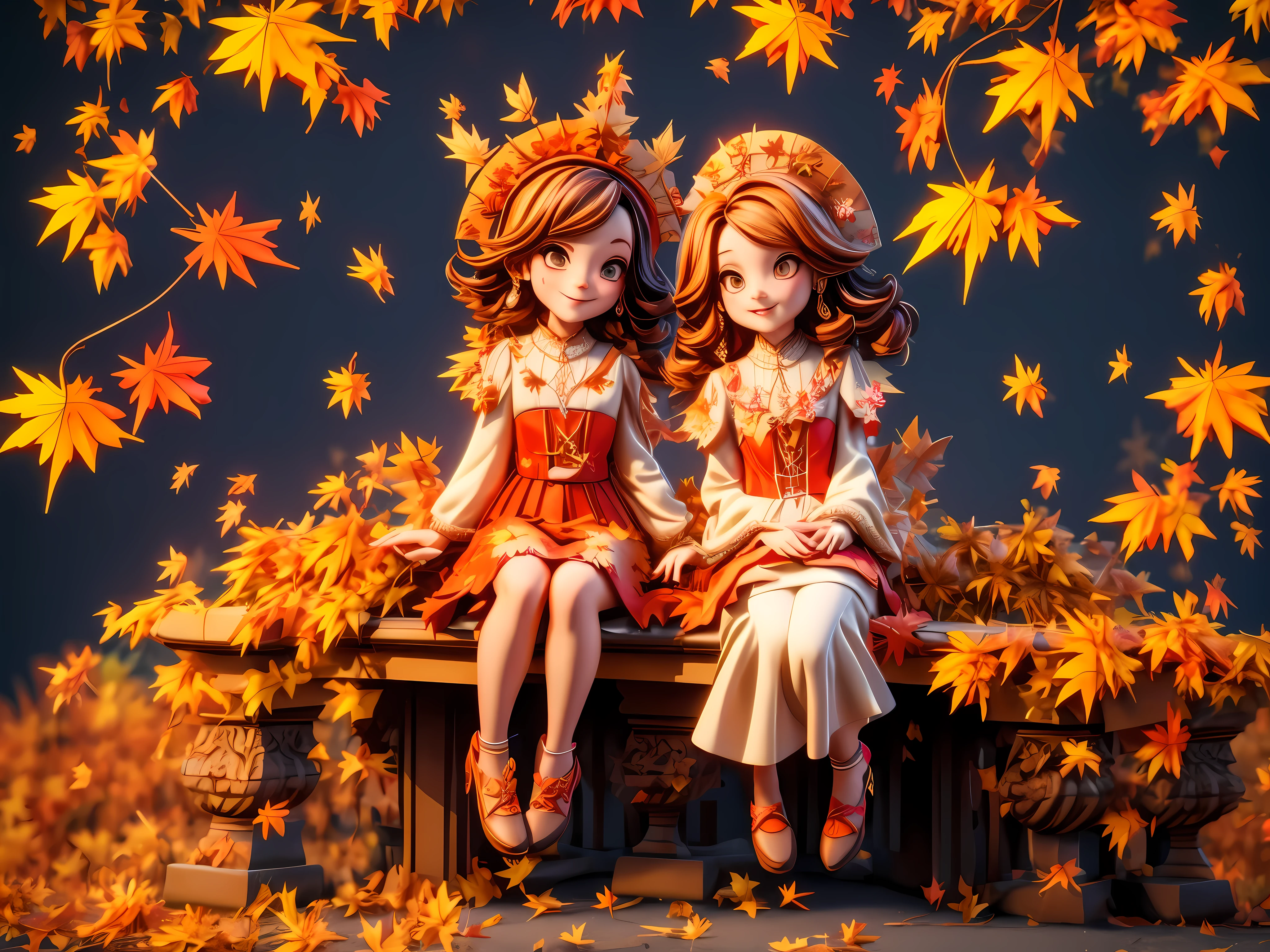 Two girls sitting on a bench in the fall leaves - SeaArt AI
