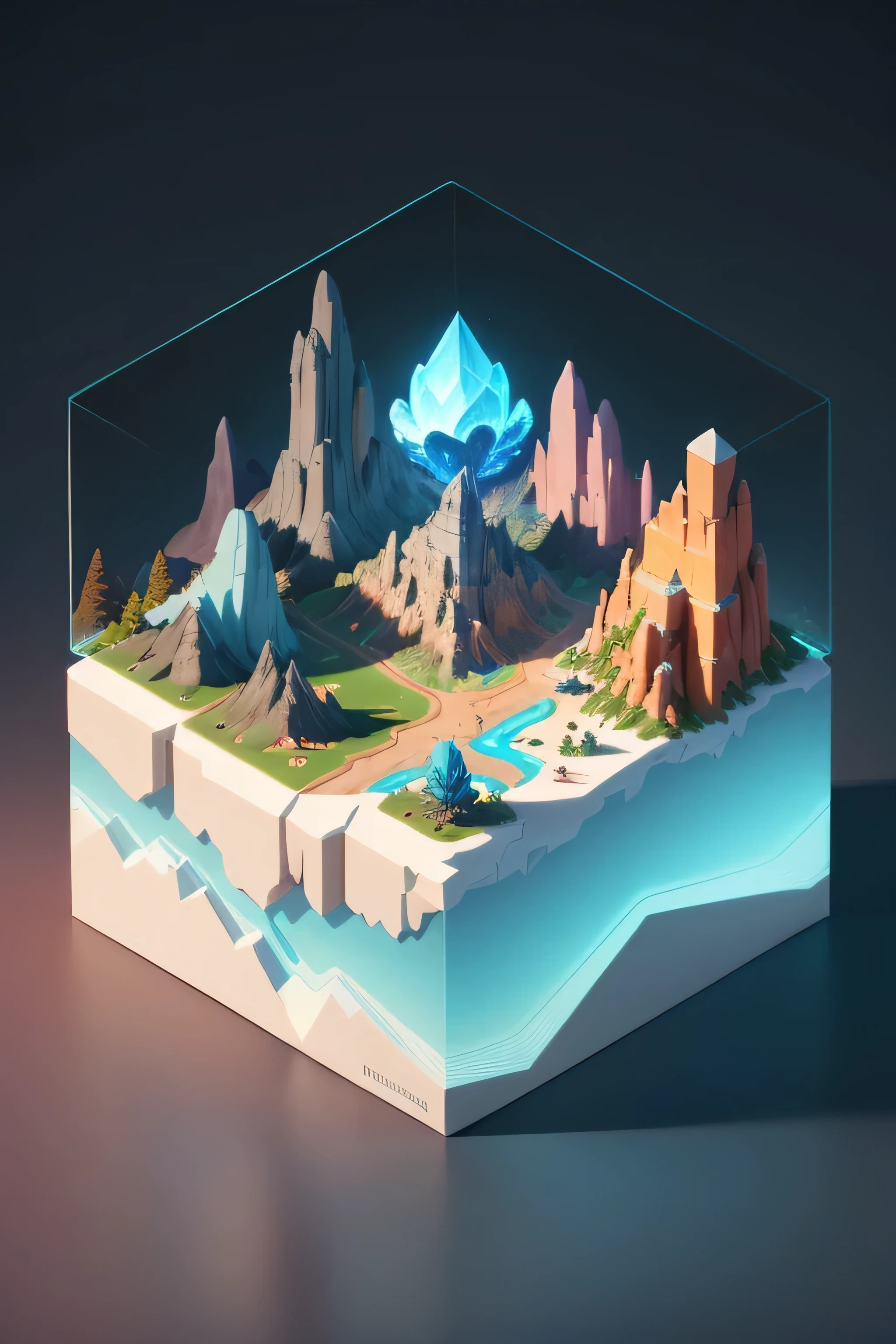 Best Quality, Masterpiece, detailed, 3D rendered video game asset, low poly style, minimalistic, simplified, smooth shading, soft smooth lighting, dominant cyan and rose color palette, isometric display case, ((isometric)) render of the world of biogenesis during the ancient continental period, Best Quality, 32k --v 6