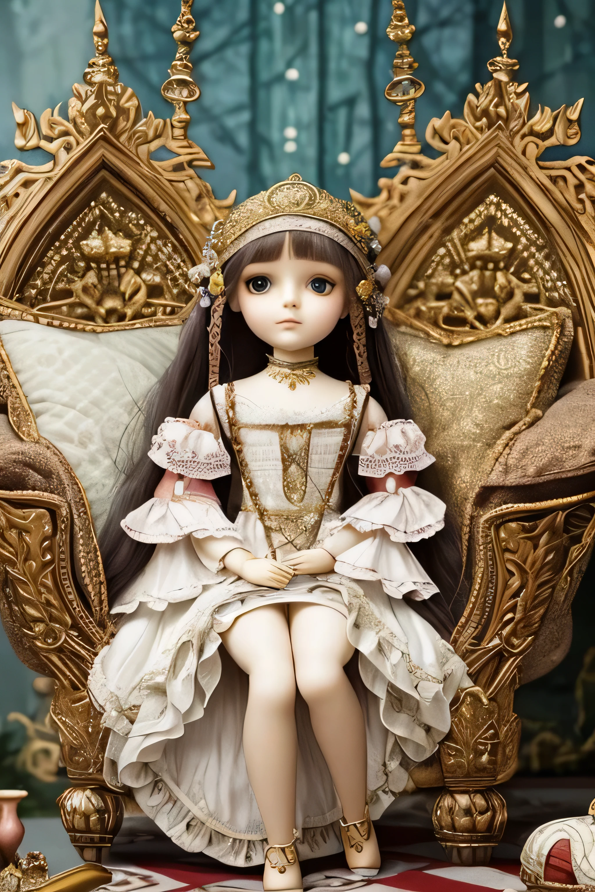 a close up of a doll sitting on a bed with a lot of pillows, artdoll, inspired by Richard Dadd, patchwork doll, highly conceptual figurative art, intricate fantasy, perched on intricate throne, esao andrews : : ornate, alexandra fomina, hana alisa omer, furnished with fairy furniture, natalie shau, sitting on intricate throne, by Barbara Balmer