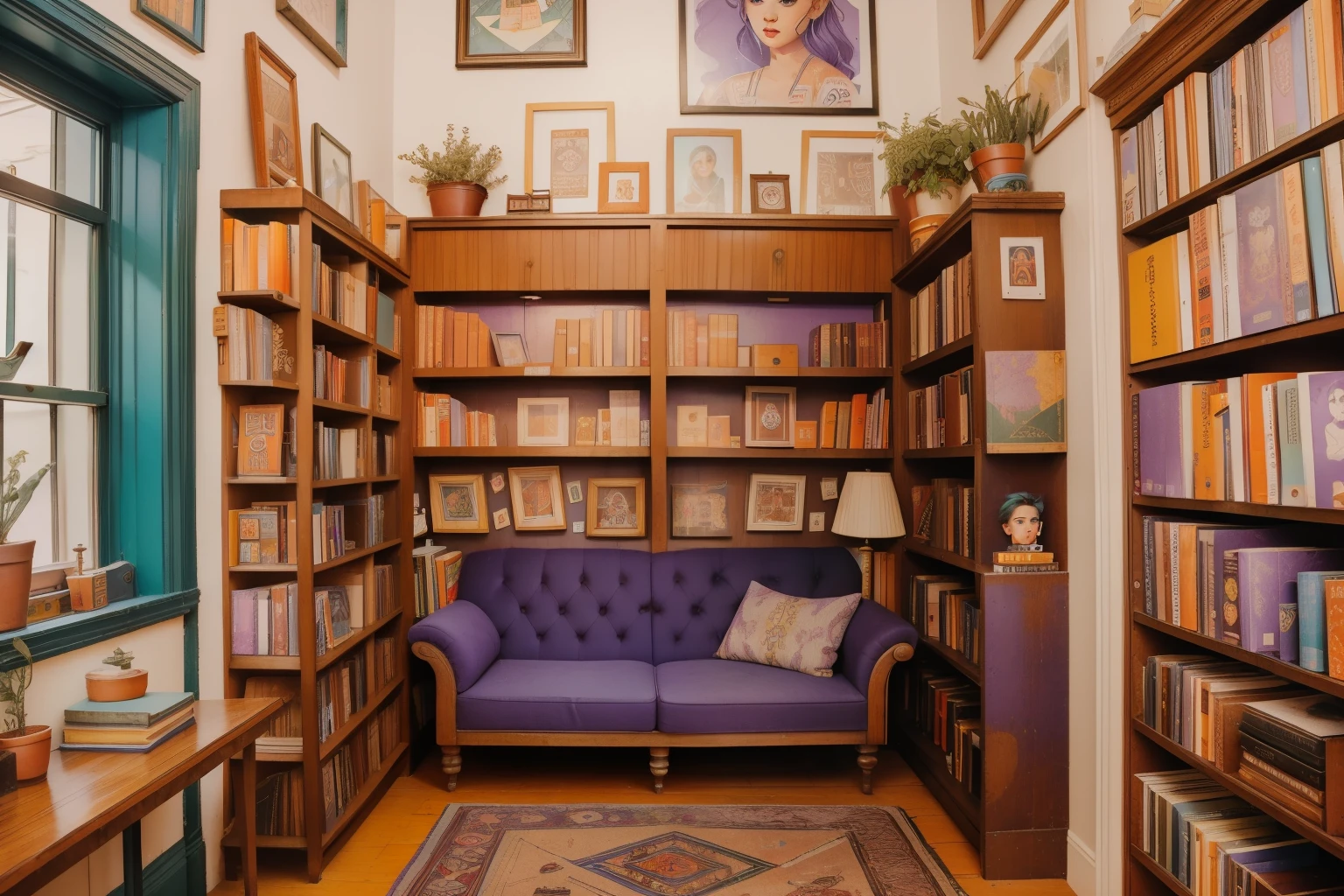 Brooklyn Bookstore Hideaway: Picture a young adult with a septum piercing, wild lavender hair, and a collection of tattoos, exploring a quirky independent bookstore in Brooklyn. Dressed in eclectic bohemian clothing, the person discovers an enchanted corner filled with antique books and whimsical artifacts, all bathed in Wes Anderson's charming color tones.