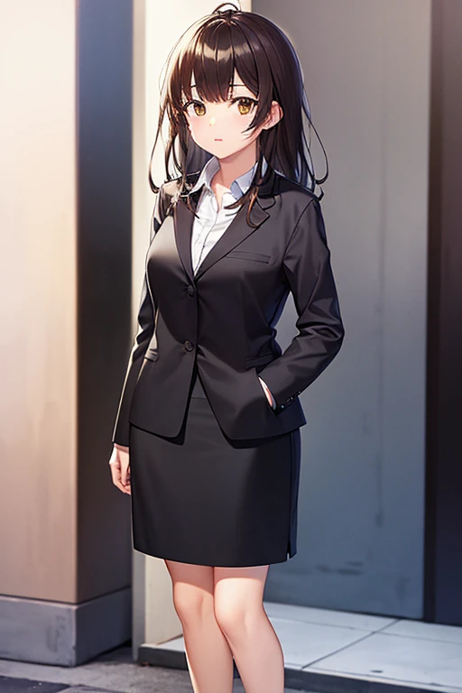 1girl, sayu ogiwara, suit, office lady, black skirt, black blazer, pencil skirt, long skirt, white shirt, collared shirt, long hair, teenager, looking at viewer, full body